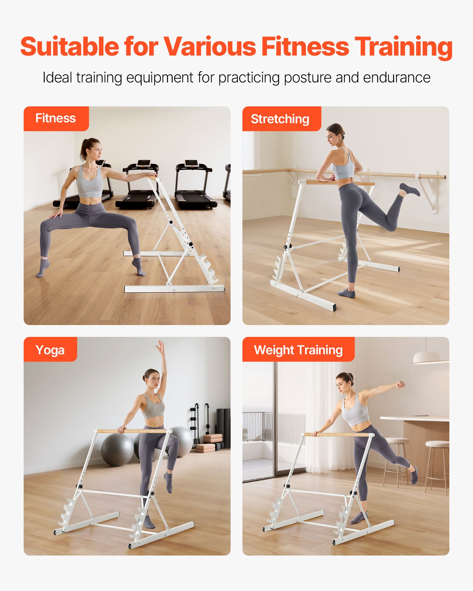 VEVOR Ballet Barre, Dansbarre, In hoogte verstelbaar (4 standen / 812,8-965,2 mm) Houten stretchbarre voor balletoefeningen, balanstraining, ontspanningsoefeningen en yoga.