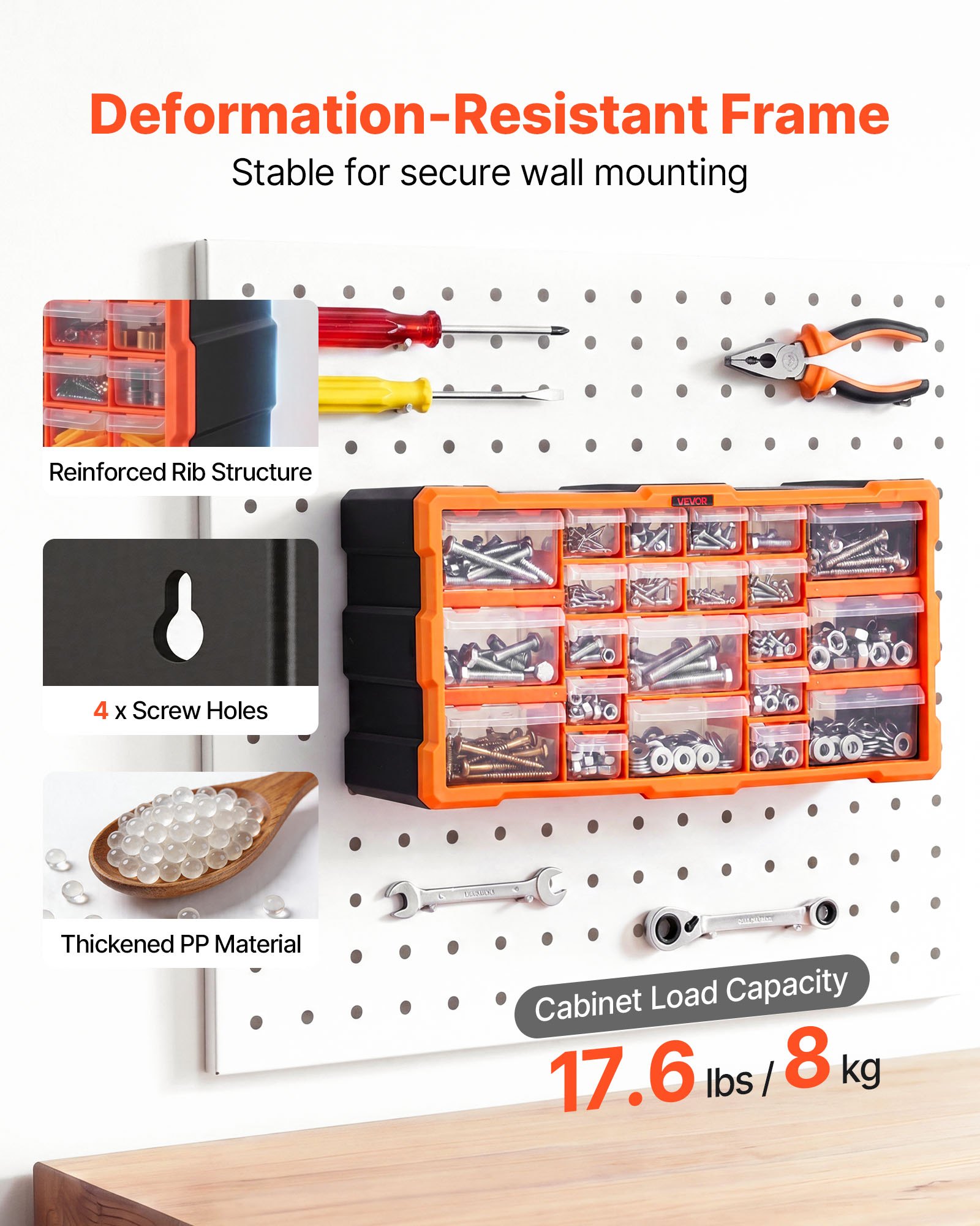 VEVOR Organizer voor kleine onderdelen met 22 lades, PP-assortimentsdoos voor wandmontage, draagvermogen van 8 kg, dubbel vergrendelbare sorteerdoos, opbergdoos voor ijzerwaren, schroeven en kleine onderdelen.