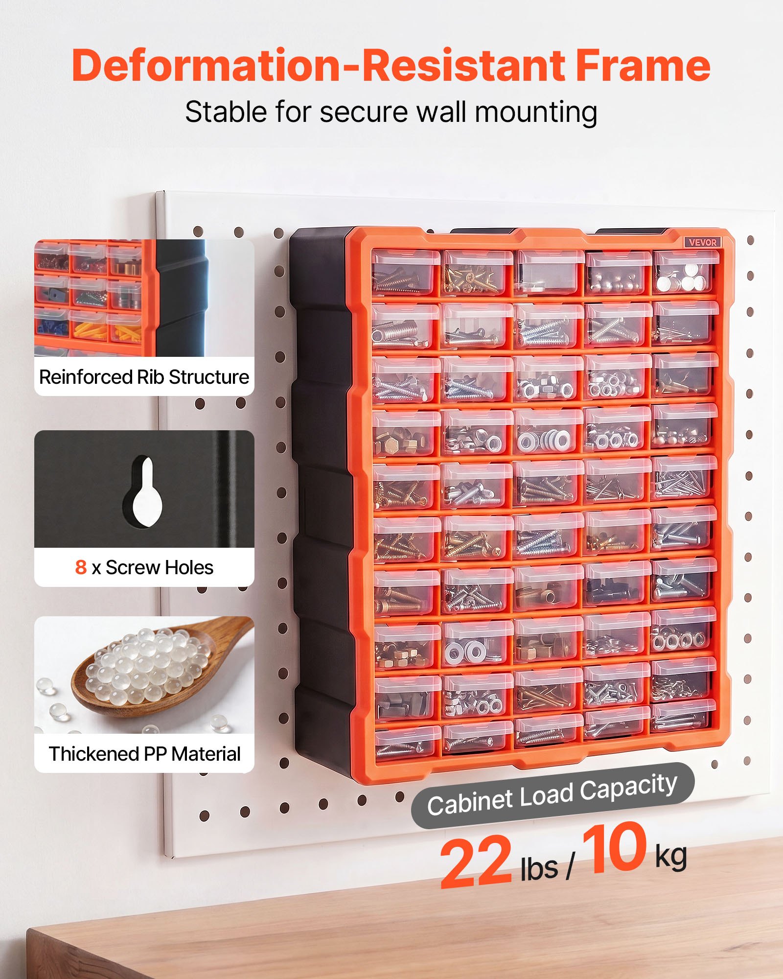 VEVOR Organizer voor kleine onderdelen met 60 lades, PP-assortimentsdoos voor wandmontage, draagvermogen van 10 kg, dubbel vergrendelbare sorteerdoos, opbergdoos voor ijzerwaren, schroeven en kleine onderdelen.