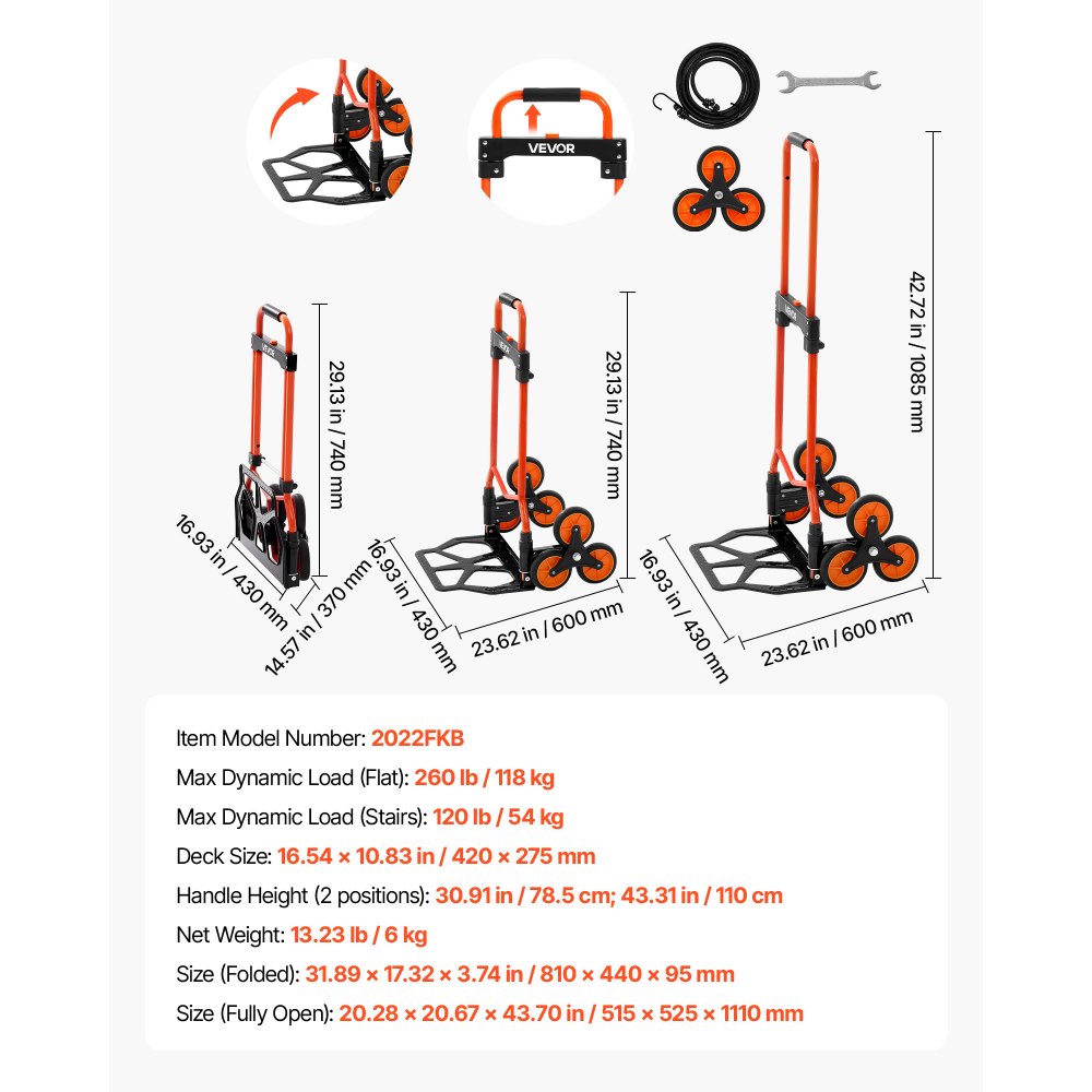 VEVOR Opvouwbare Trapbeklimwagen, 54 kg draagvermogen, trapbeklimwagen met telescopische handgreep, 6 wielen en 2 spanbanden, transportkar, trapbeklimwagen, ideaal voor huishoudelijk gebruik, boodschappen doen en magazijngebruik.