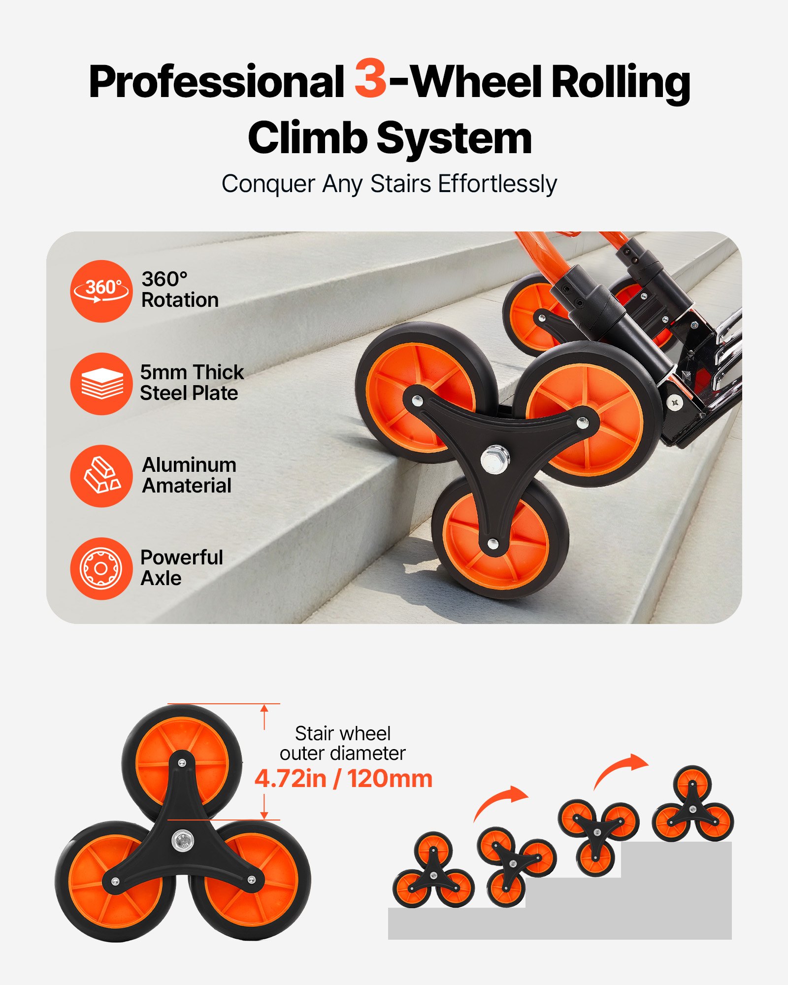 VEVOR Opvouwbare Trapbeklimwagen, 54 kg draagvermogen, trapbeklimwagen met telescopische handgreep, 6 wielen en 2 spanbanden, transportkar, trapbeklimwagen, ideaal voor huishoudelijk gebruik, boodschappen doen en magazijngebruik.
