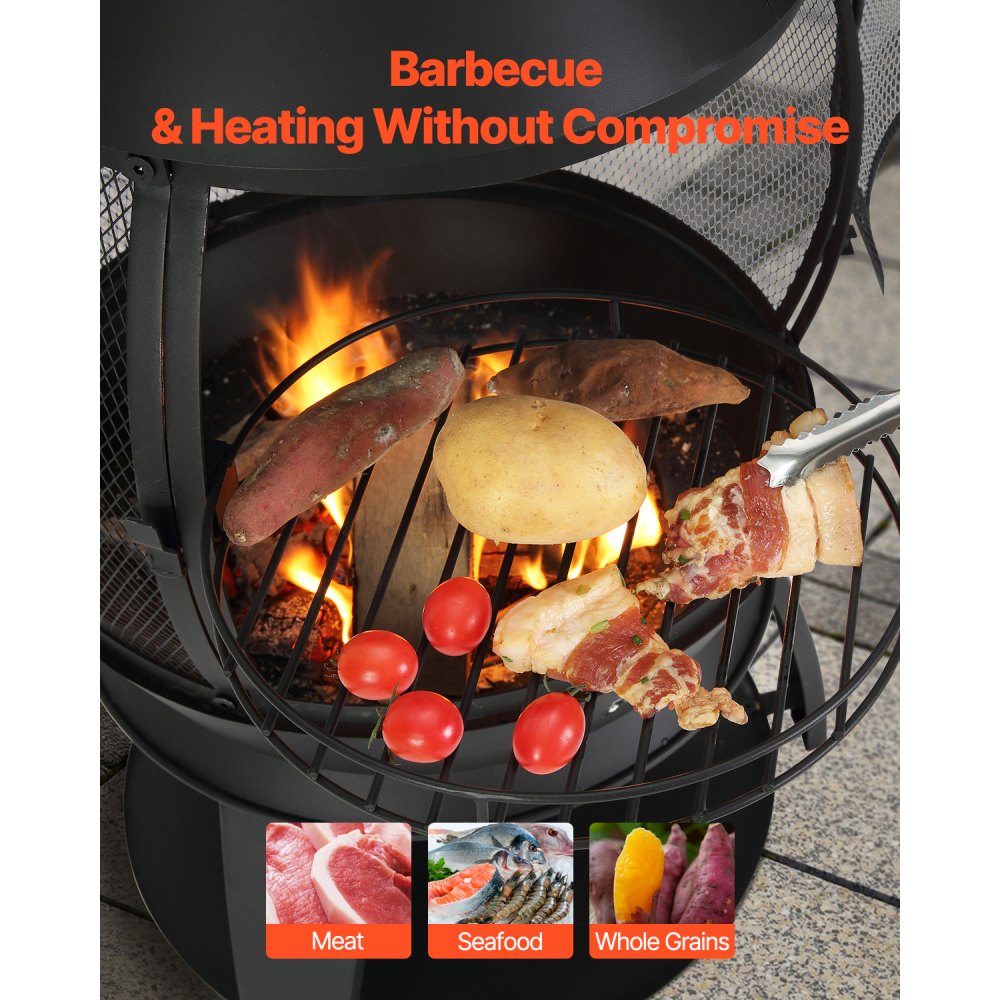 VEVOR Tuinhaard, φ500x1100mm Terraskachel, Azteekse ijzeren kachel voor grillen en verwarmen, Chimenea vuurkorf met grillrooster, schoorsteenmantel en roestvrijstalen schoorsteendeksel, voor terras, tuin, achtertuin