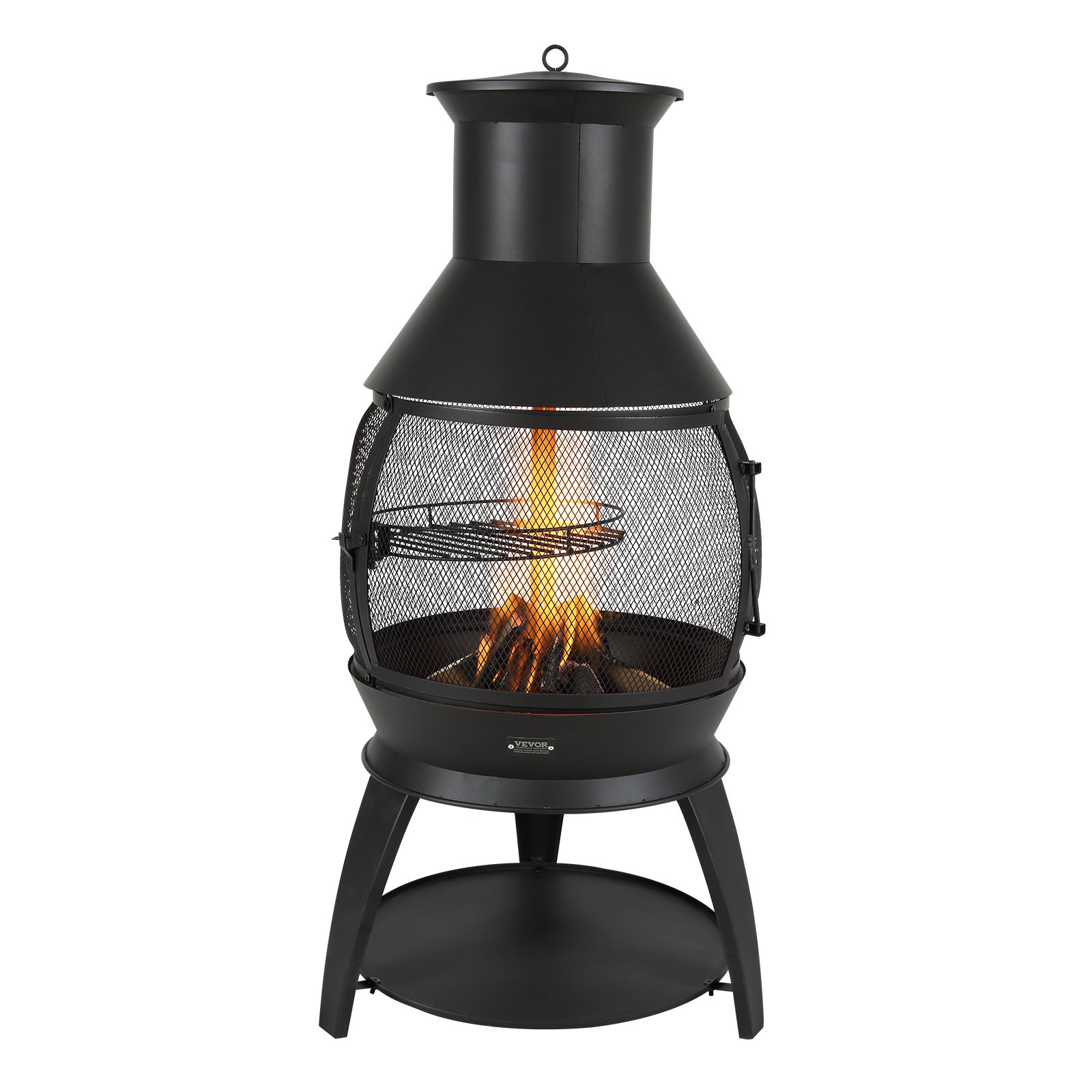 VEVOR Tuinhaard, φ500x1100mm Terraskachel, Azteekse ijzeren kachel voor grillen en verwarmen, Chimenea vuurkorf met grillrooster, schoorsteenmantel en roestvrijstalen schoorsteendeksel, voor terras, tuin, achtertuin