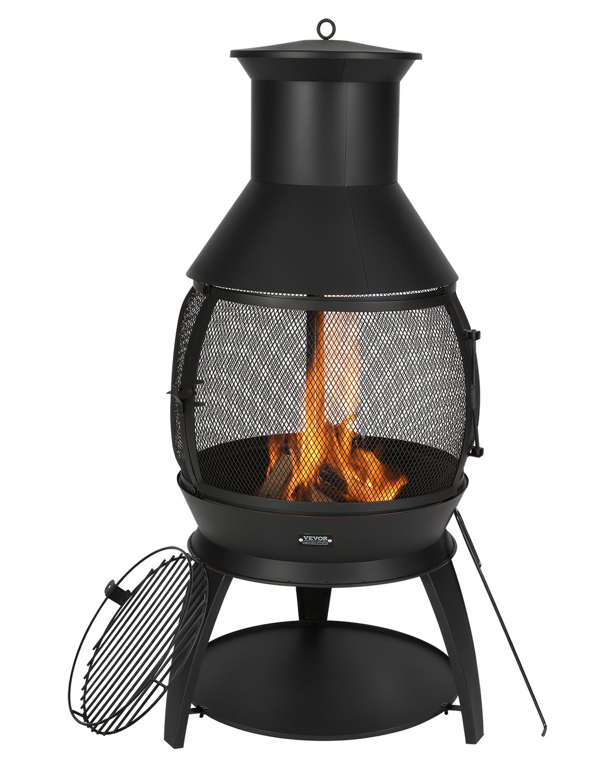 VEVOR Tuinhaard, φ500x1100mm Terraskachel, Azteekse ijzeren kachel voor grillen en verwarmen, Chimenea vuurkorf met grillrooster, schoorsteenmantel en roestvrijstalen schoorsteendeksel, voor terras, tuin, achtertuin