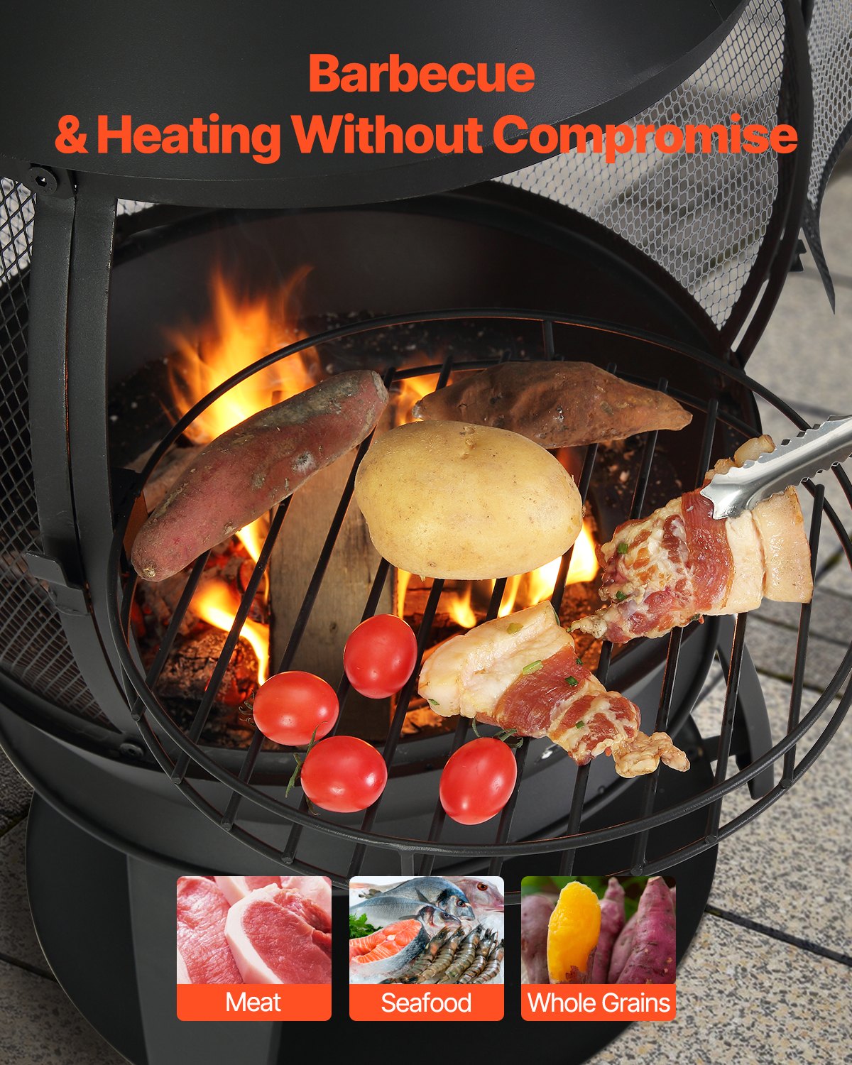 VEVOR Tuinhaard, φ500x1100mm Terraskachel, Azteekse ijzeren kachel voor grillen en verwarmen, Chimenea vuurkorf met grillrooster, schoorsteenmantel en roestvrijstalen schoorsteendeksel, voor terras, tuin, achtertuin