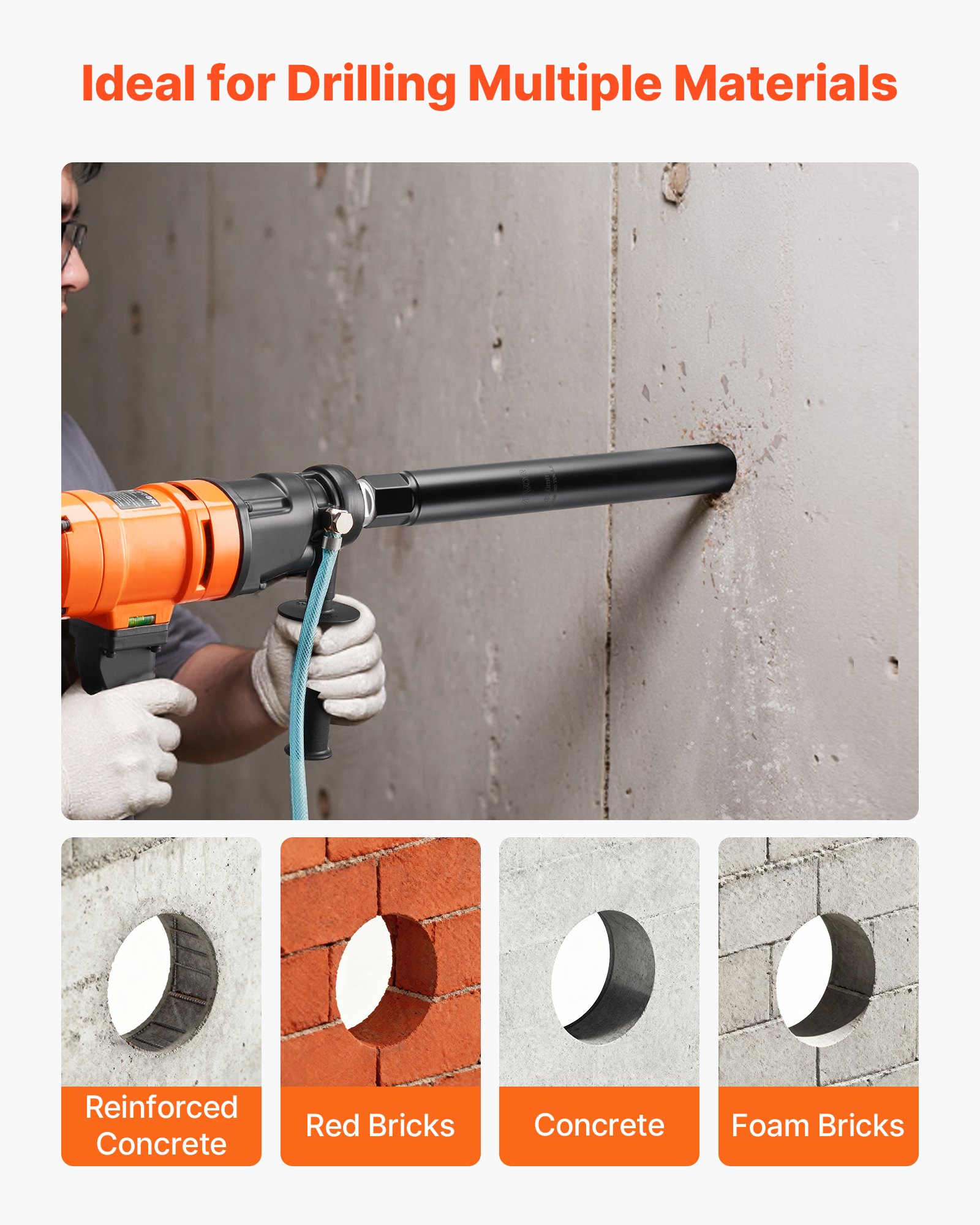 VEVOR Kernboorbitset, 6-delig, φ 25,4 / 50,8 / 76,2 / 101,6 / 127,0 / 152,4 mm, boordiepte 356 mm, 1-1/4 inch-7 binnendraad, natte diamantkernboor voor gewapend beton, baksteen en metselwerk