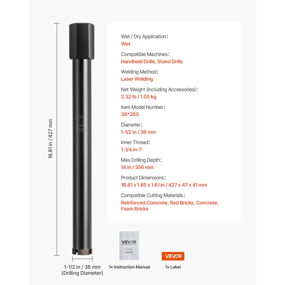 VEVOR Core Drill Bit, 38 mm Diameter, 356 mm Drilling Depth, 1-1/4 in-7 Internal Thread, High-Precision Welding Technology, Wet Diamond Core Bit for Reinforced Concrete, Red Bricks, and Masonry