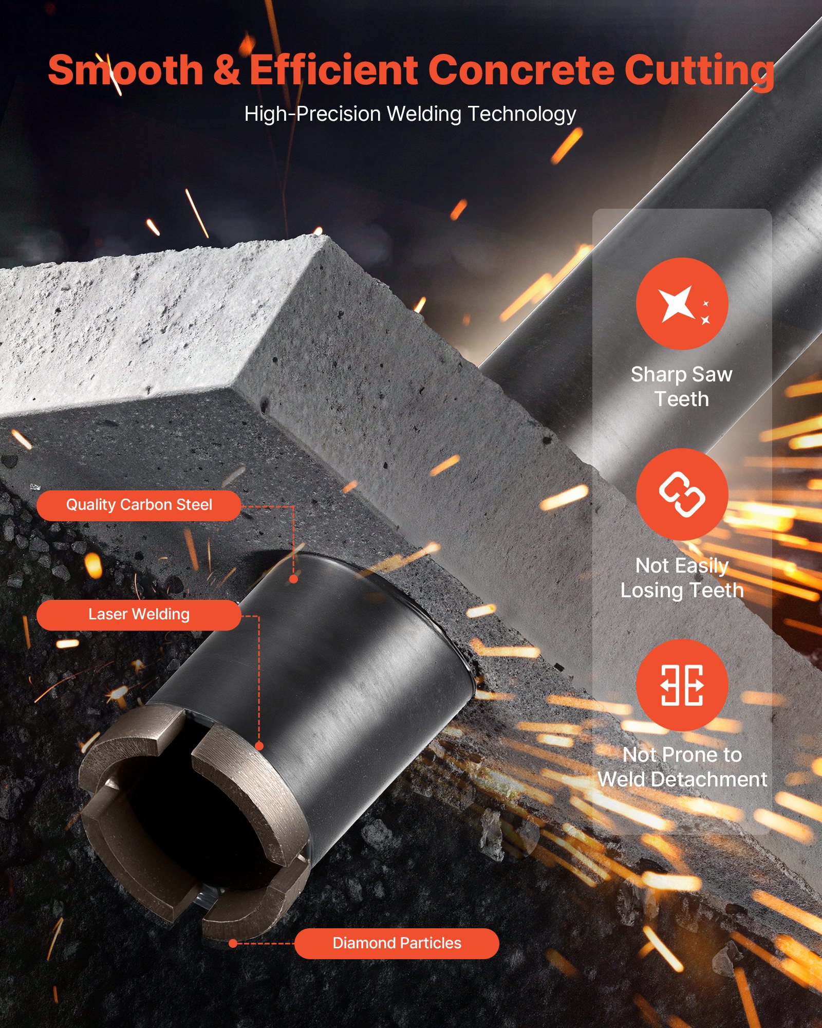 VEVOR Core Drill Bit, 38 mm Diameter, 356 mm Drilling Depth, 1-1/4 in-7 Internal Thread, High-Precision Welding Technology, Wet Diamond Core Bit for Reinforced Concrete, Red Bricks, and Masonry