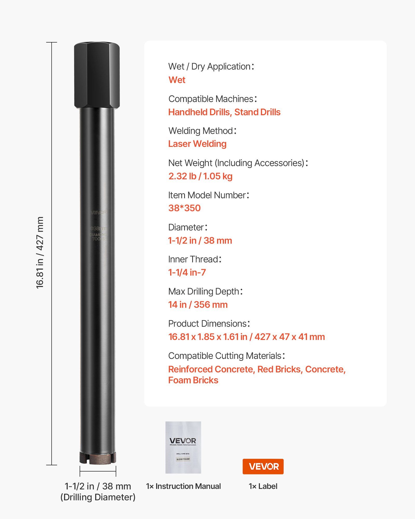 VEVOR Core Drill Bit, 38 mm Diameter, 356 mm Drilling Depth, 1-1/4 in-7 Internal Thread, High-Precision Welding Technology, Wet Diamond Core Bit for Reinforced Concrete, Red Bricks, and Masonry
