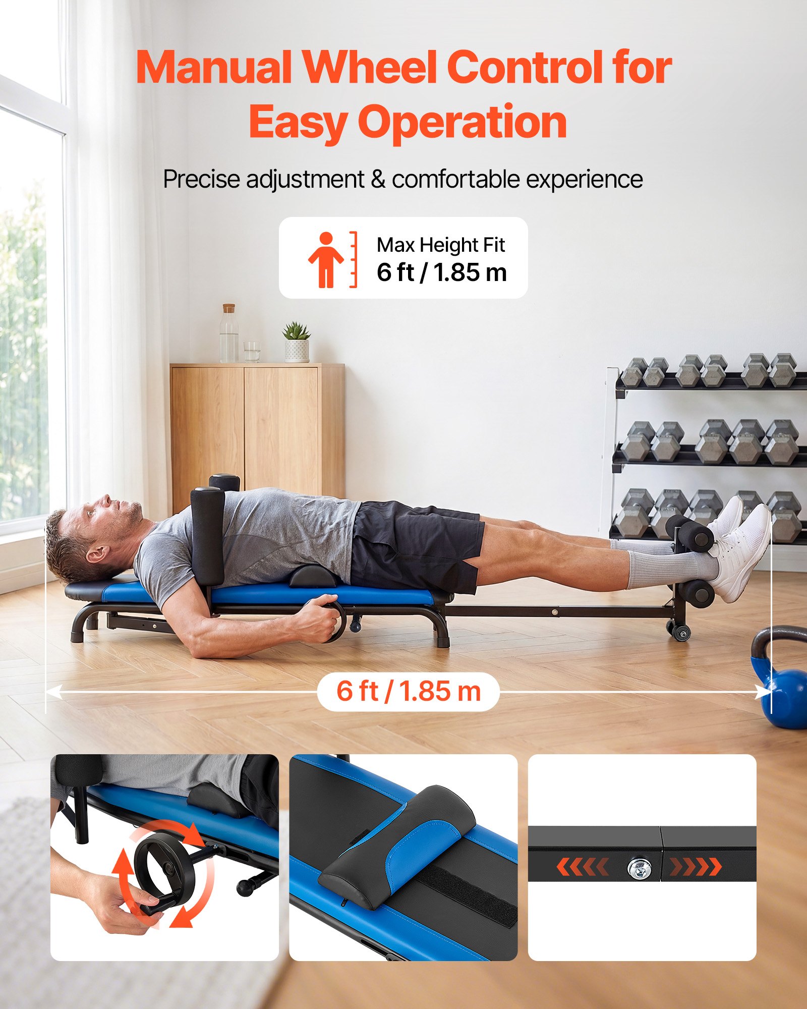 VEVOR Stretch Trainer tot 160 kg, robuuste inversietafel met stabiele constructie, rugtrainer voor het verlichten van rug- en nekklachten, rugstrekbank met handmatige wielbediening, blauw/zwart