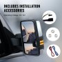 VEVOR towing mirrors with installation accessories, 12v voltage, close-up of mirror reflecting road scene.