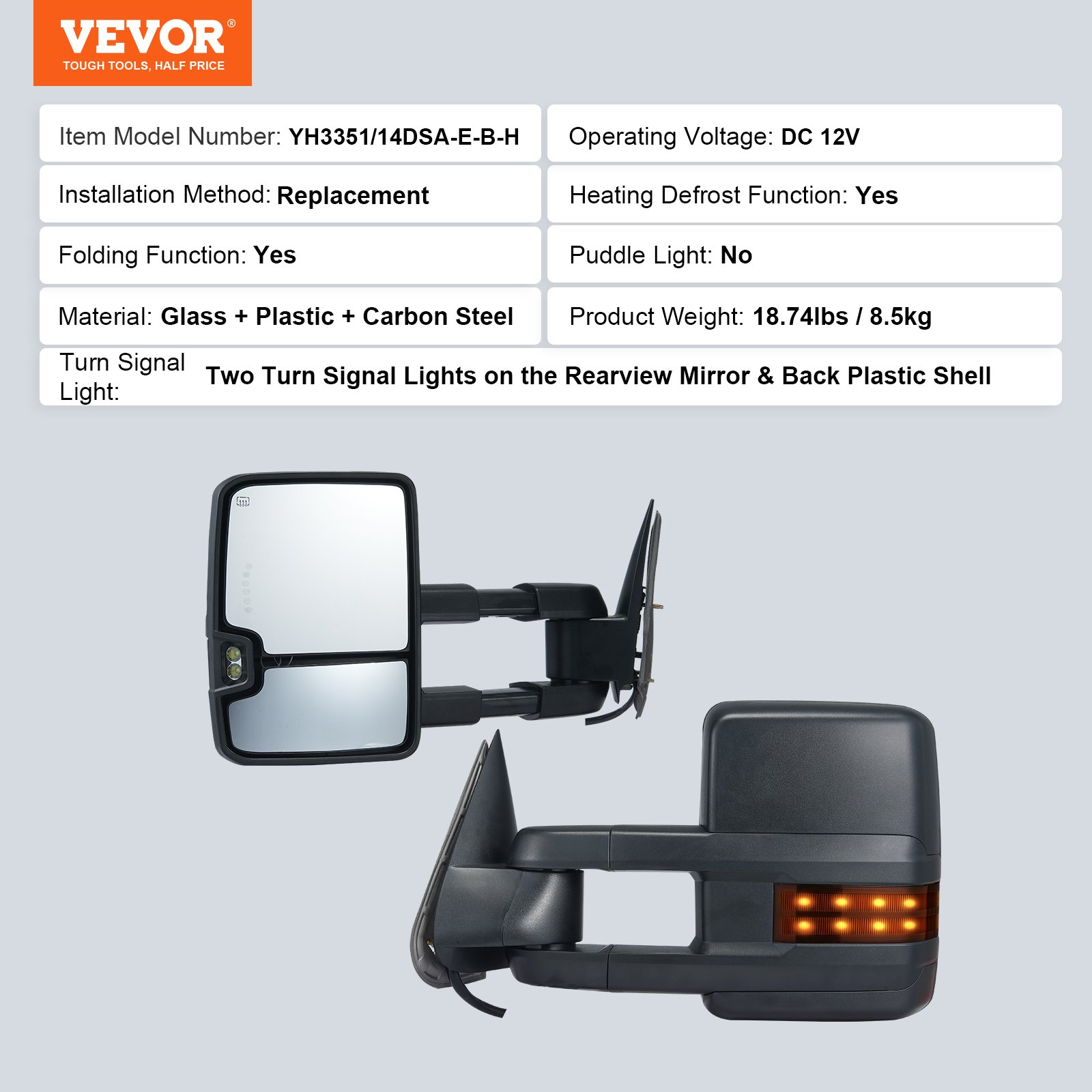 VEVOR Sleepspiegels, set links en rechts voor Chevrolet Silverado (2014-2021)/GMC, elektrisch verwarmd met richtingaanwijzer en led-rijverlichting, handmatig bediend telescopisch inklapsysteem, verwarming en ontdooiing, zwart