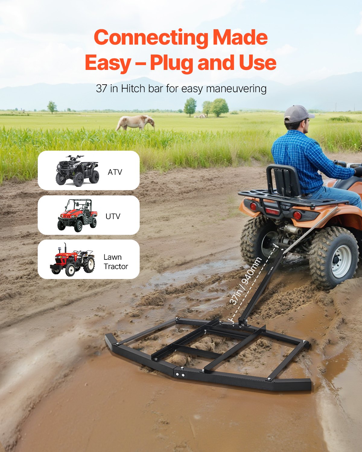 VEVOR getrokken eg, 167,6 cm breed, Q235 stalen weideeg met verstelbare stangen en penkoppeling, draagvermogen tot 22,7 kg, weideeg voor ATV's, UTV's, tuin- en zitmaaiers