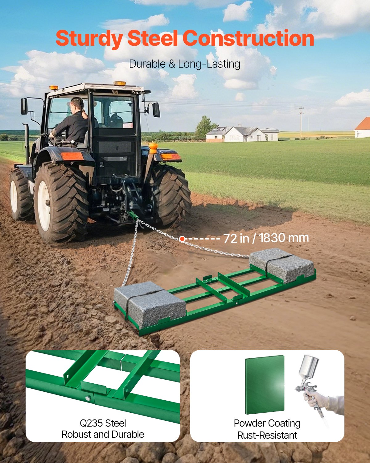VEVOR getrokken eg, 1830x500x100 mm, weideeg met verstelbare stangen en 183 cm ketting, zitmaaier, veldeg voor ATV's, UTV's, tractoren, grasmaaiers, trekgereedschap voor de boerderij