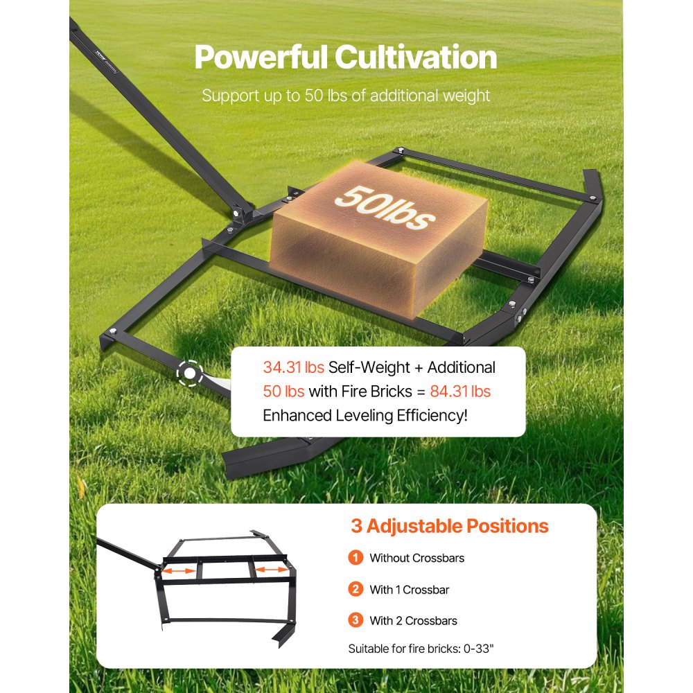 VEVOR Drag Harrow, 74" Width Tow Behind Drag Harrow, Q235 Steel Driveway Grader with Adjustable Bars & Pin Hitch, Support up to 50 lbs, Tractor Driveway Harrow for ATVs, UTVs, Garden Lawn Tractors