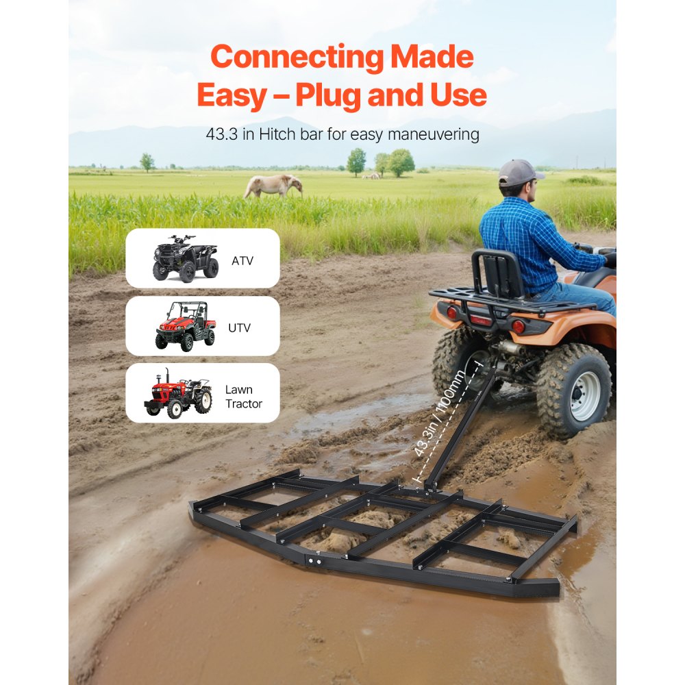 VEVOR getrokken eg, 2150x2120x110mm, getrokken weide-eg, Q235 stalen ingangsnivelleerinrichting met verstelbare stangen en boutkoppeling, tractor-ingangseeg voor terreinvoertuigen, UTV's