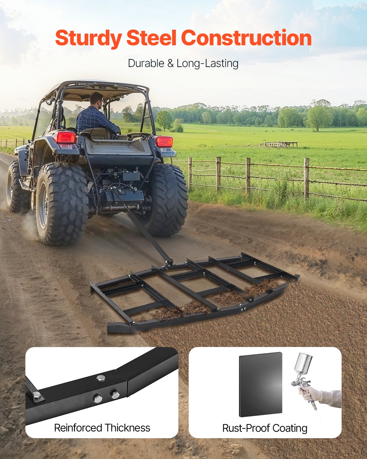 VEVOR getrokken eg, 2150x2120x110mm, getrokken weide-eg, Q235 stalen ingangsnivelleerinrichting met verstelbare stangen en boutkoppeling, tractor-ingangseeg voor terreinvoertuigen, UTV's