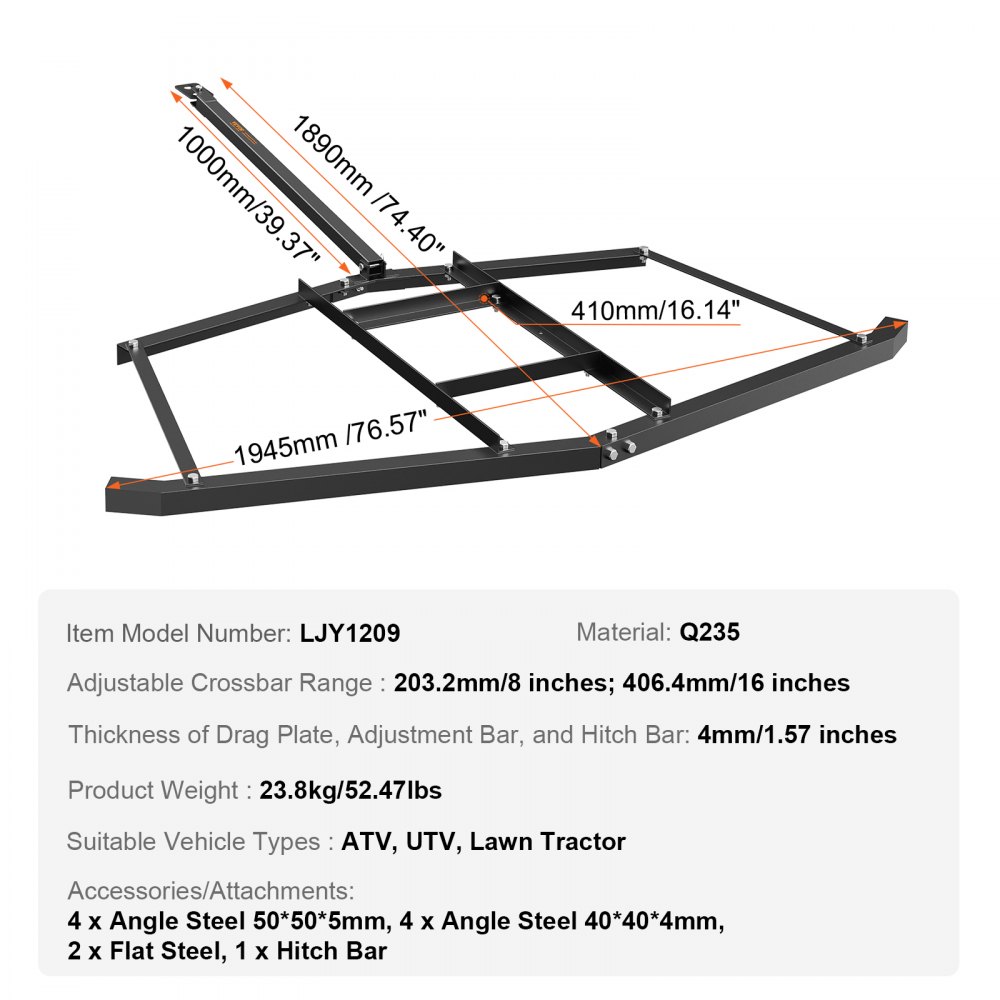 VEVOR sleepeg 1890 x 1945 x 90 mm tractor weideeg weidesleep van 4 mm dik Q235 stalen veldeg verstelbare dwarsbalk bereik 203,2/406,4 mm gazonsleep ATV's, UTV's, tuintractoren