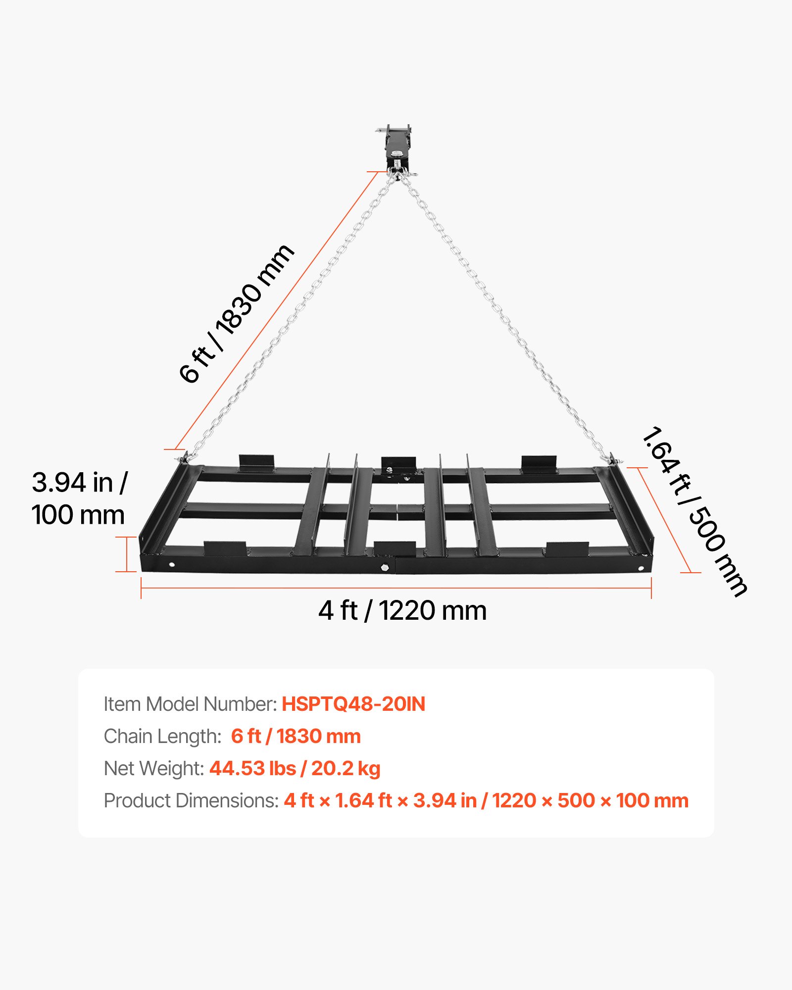 VEVOR sleepeg 122x50 cm, weideeg, weidesleep met 183 cm ketting, krachtige egaliseerhark, gegalvaniseerde stalen veldeg voor grindpaden, geschikt voor ATV's, UTV's en tractoren