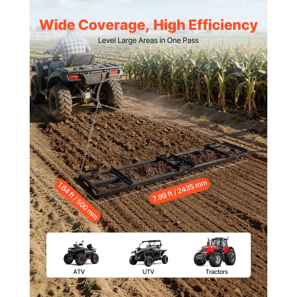 VEVOR sleepeg 243,5x50 cm, weideeg, weidesleepeg met 183 cm ketting, krachtige egaliseerhark, gegalvaniseerde stalen veldeg voor grindpaden, geschikt voor ATV's, UTV's en tractoren