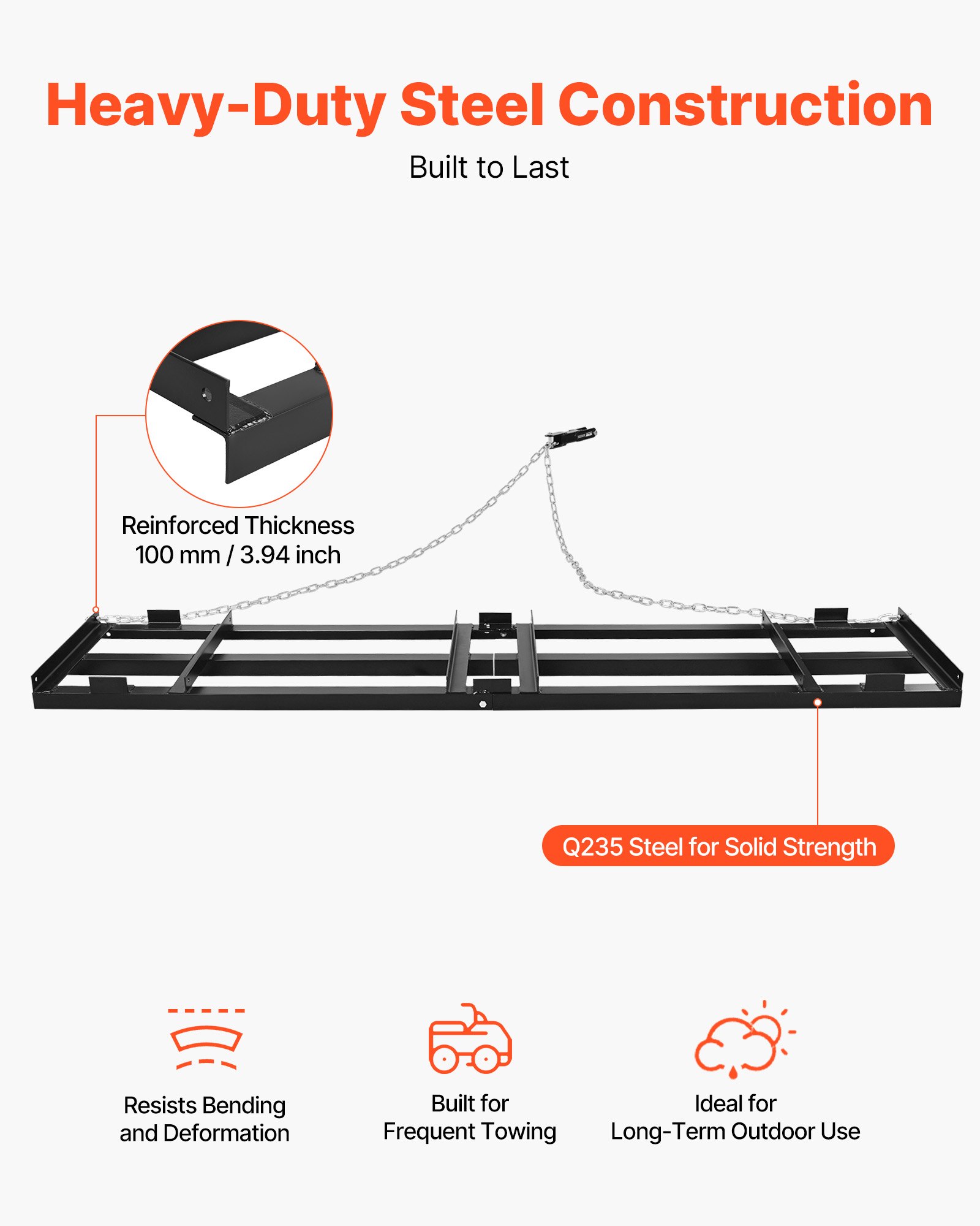 VEVOR sleepeg 243,5x50 cm, weideeg, weidesleepeg met 183 cm ketting, krachtige egaliseerhark, gegalvaniseerde stalen veldeg voor grindpaden, geschikt voor ATV's, UTV's en tractoren
