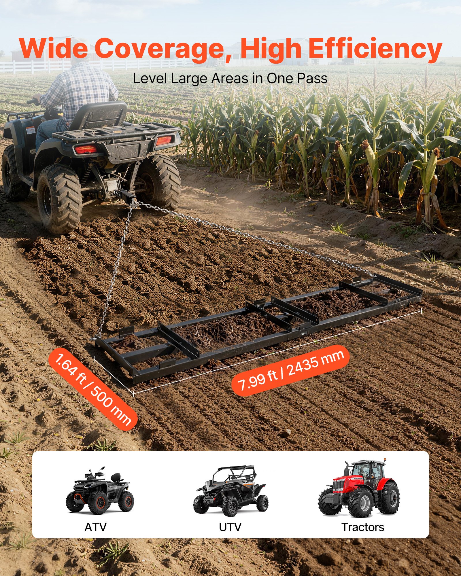 VEVOR sleepeg 243,5x50 cm, weideeg, weidesleepeg met 183 cm ketting, krachtige egaliseerhark, gegalvaniseerde stalen veldeg voor grindpaden, geschikt voor ATV's, UTV's en tractoren