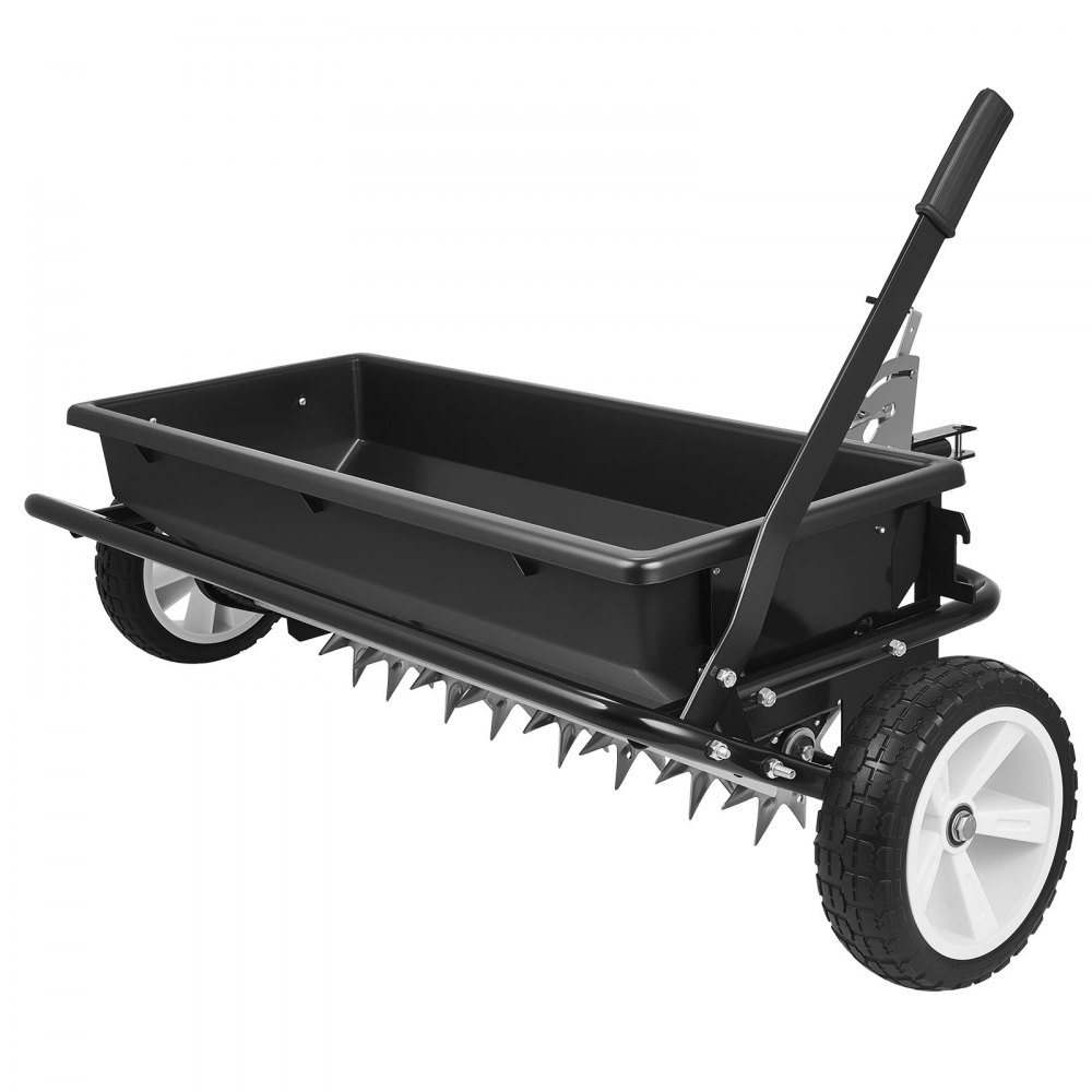 VEVOR gazonbeluchter op aanhanger, 81 cm strooibreedte, strooier met universele koppeling, tuinzaaimachine en grondbeluchter met een capaciteit van 45 kg en 10 inch wielen, verticuteermachine voor ATV's en UTV's
