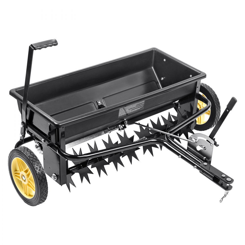VEVOR Broadcast Spreader, 100 LB Tow Behind Poly Drop Spreader with 10" Wheels, Steel Spike Aerator, Fertilizer Spreader, Garden Seeder, and Salt Spreader, for Residential, Farm, Tough Terrain, Black