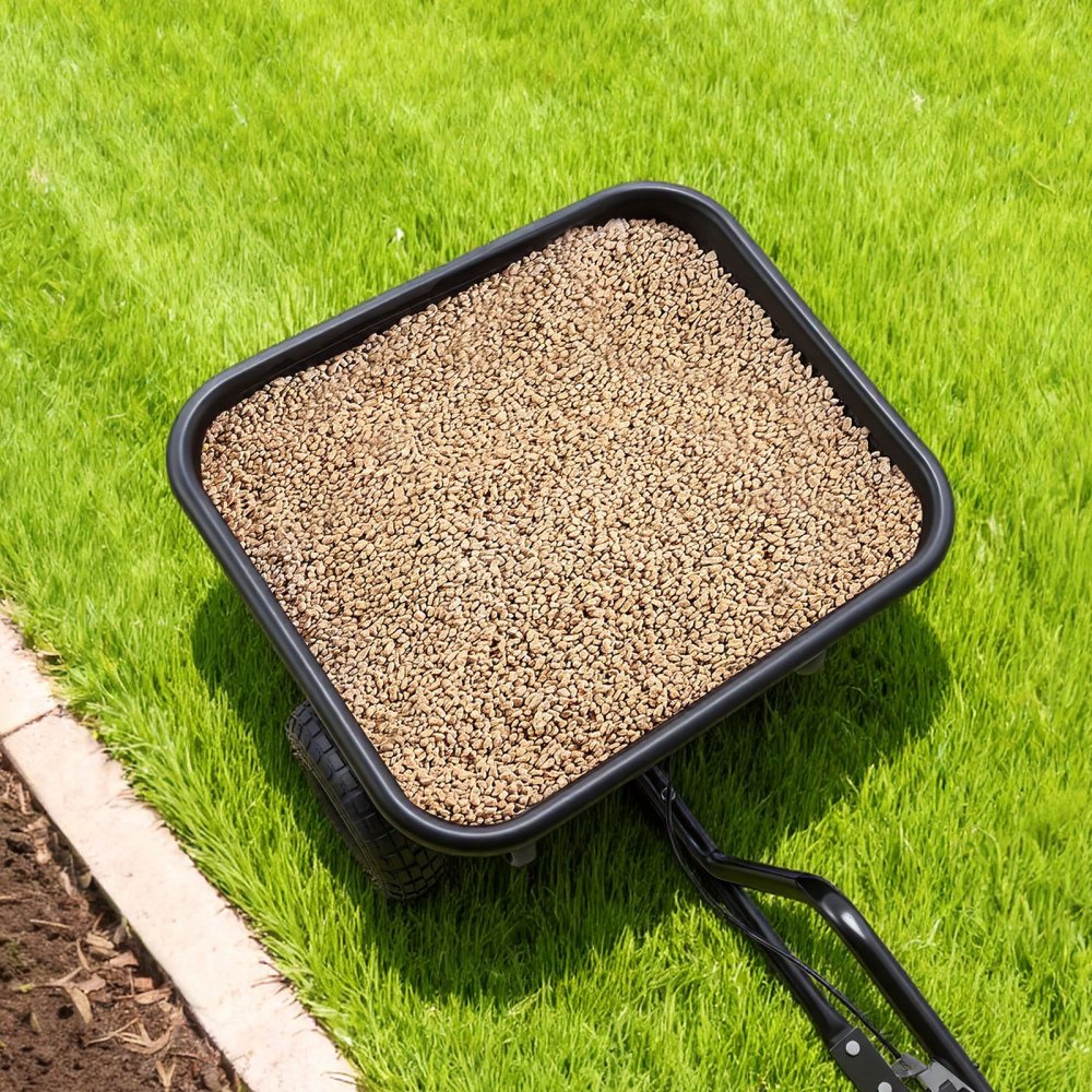 VEVOR Strooieraanhanger, 38,6 kg capaciteit, roterende strooier, getrokken strooier, strooibreedte van 3 m, strooieraanhanger met 25,4 cm banden, instelbare strooisnelheid, gazonstrooier voor zaden, kunstmest en strooizout.