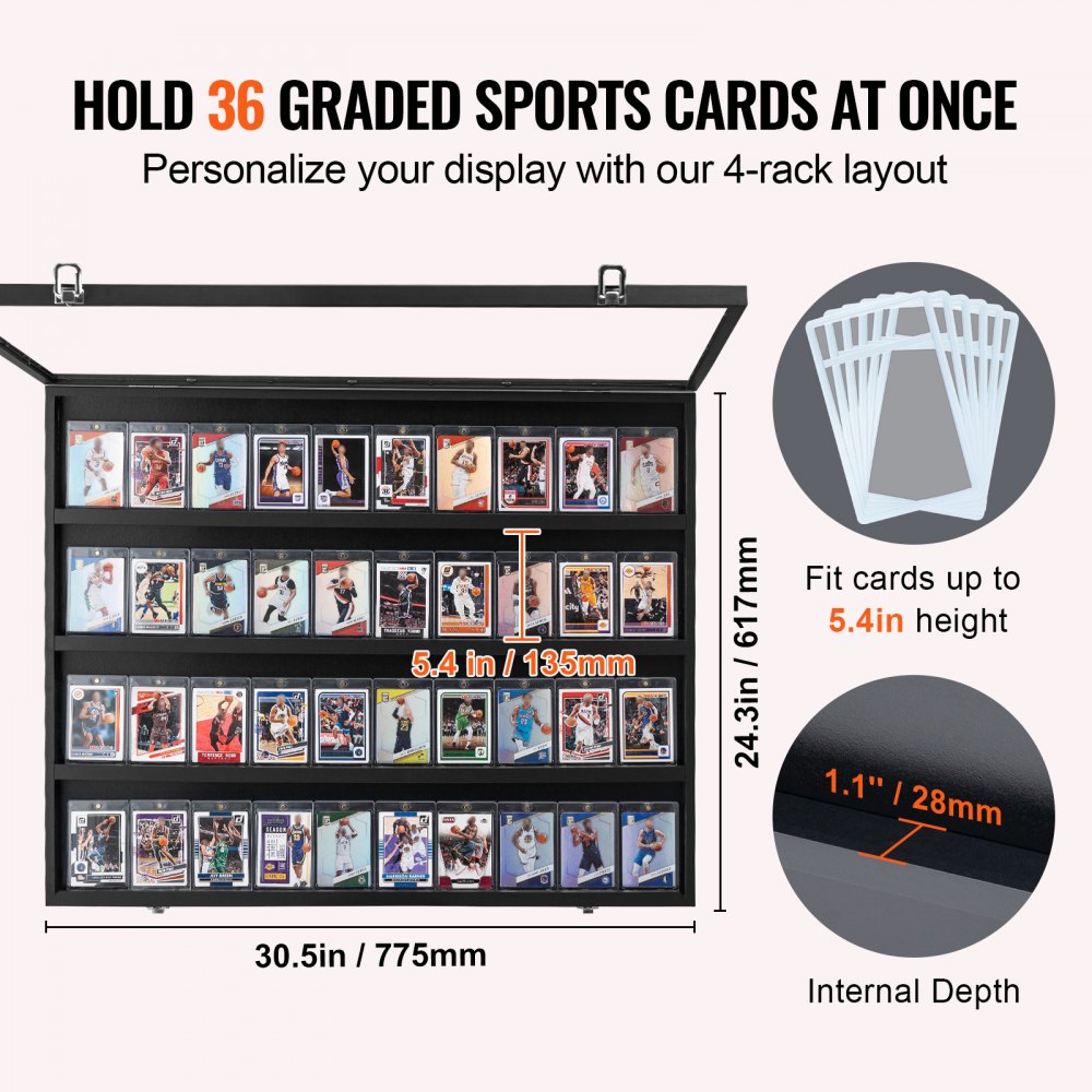 VEVOR Sportkaarten Display Case in 36 Verschillende Designs, 77,5x61,7x5,5cm Presentatie Frame met 98% UV-bescherming PC Glas Afsluitbare Wandkast voor Voetbal Basketbal Hockey Verzamelkaarten