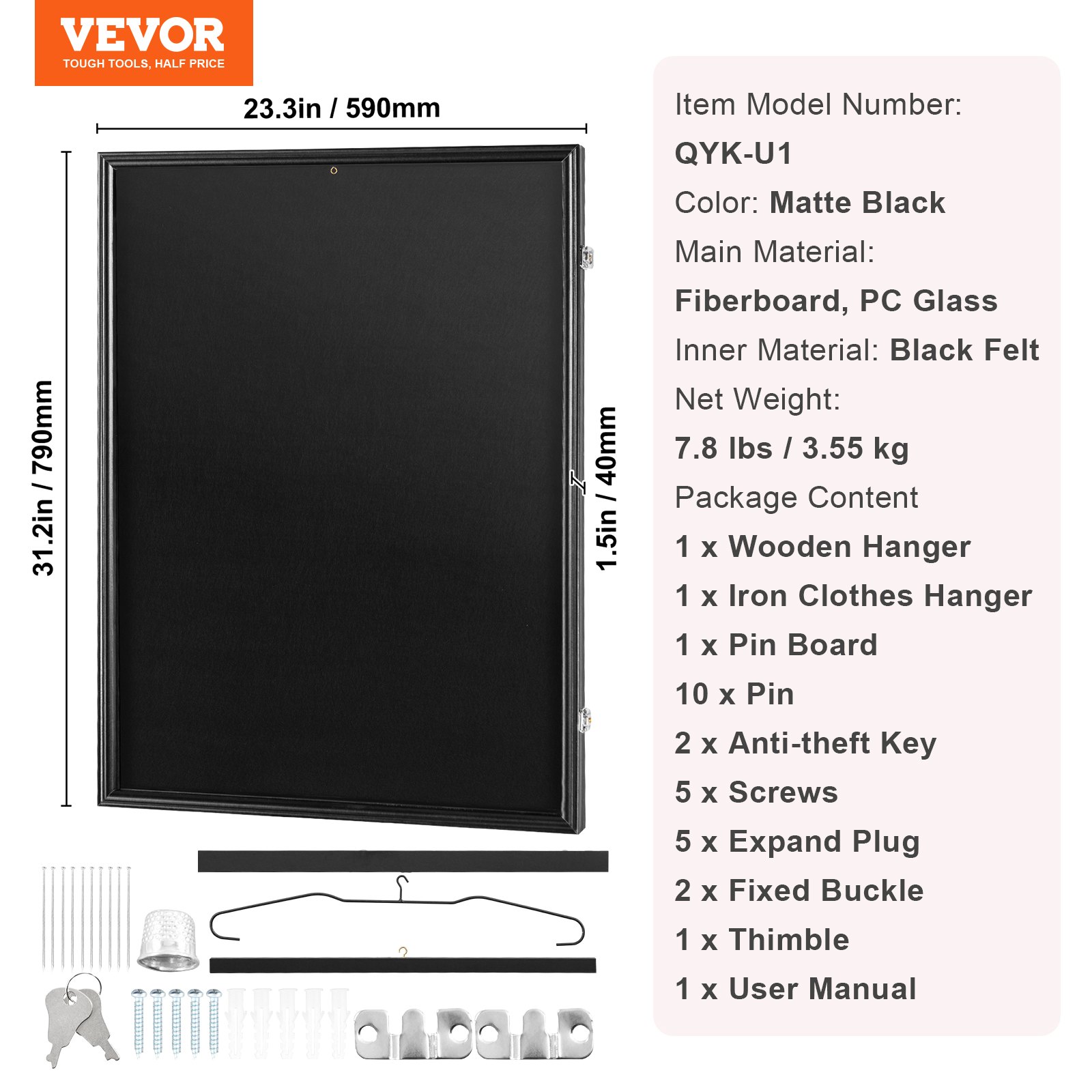 VEVOR Jersey Display Frame 590x790x40mm Afsluitbare Schaduwdoos voor Sporttruien met 98% UV-bescherming PC-glas en Hangers voor Honkbal-, Basketbal-, Voetbal-, Hockeytruien en Uniformen
