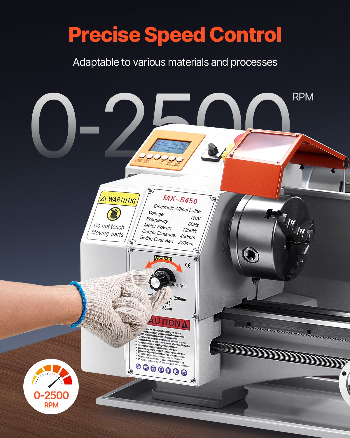 VEVOR Metaaldraaibank 220x450 mm Tafeldraaibank Automatische voeding 2500 tpm Toerental 1250 W Borstelloze motor, met accessoires, Draaibank voor het bewerken van precisieonderdelen