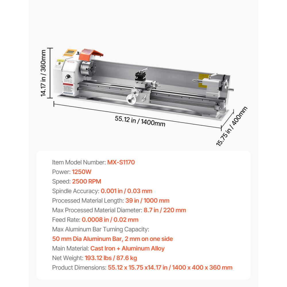 VEVOR Metaaldraaibank 220x1000 mm Draaibank Automatische Voeding 2500 tpm Toerental 1250 W Borstelloze Motor, met Accessoires, Tafeldraaibank voor het Bewerken van Precisieonderdelen
