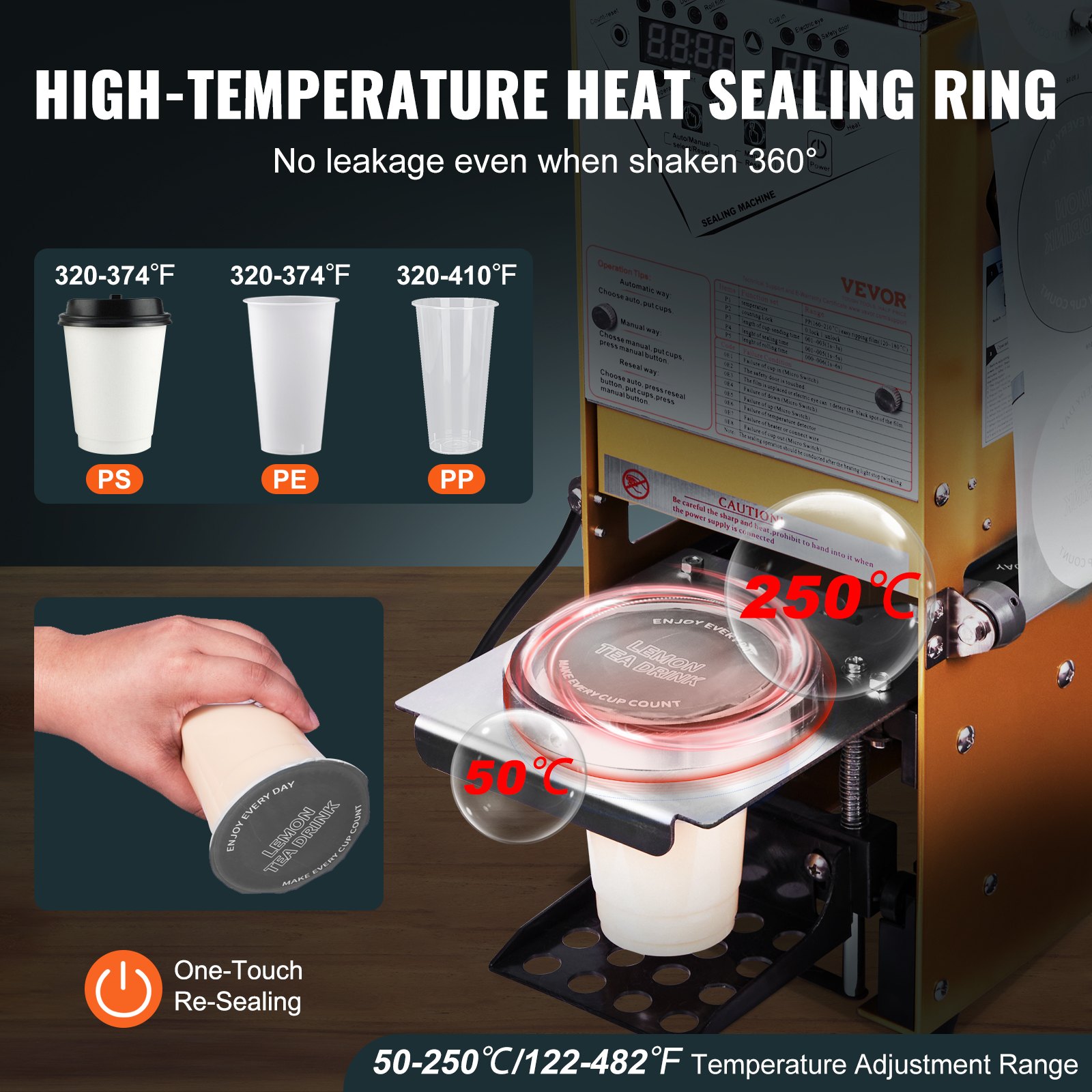 VEVOR sluitmachine, 500-650 kopjes/uur, sapbekersealer voor 180 mm hoge en 90/95 mm grote kopjes, elektrische Boba-theesealer met digitale LCD-bediening voor bubbelmelkthee, koffie, goud