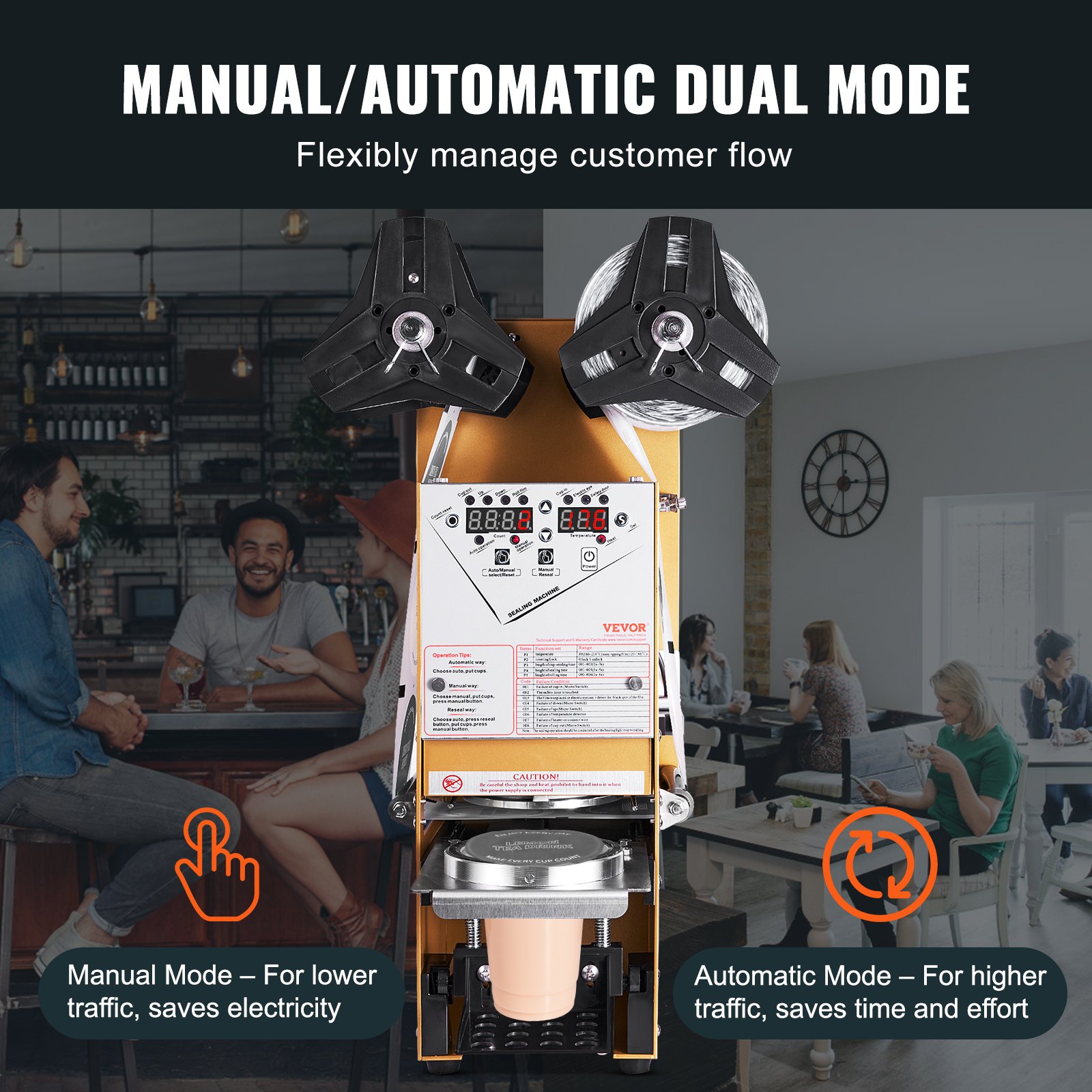 VEVOR sluitmachine, 500-650 kopjes/uur, sapbekersealer voor 180 mm hoge en 90/95 mm grote kopjes, elektrische Boba-theesealer met digitale LCD-bediening voor bubbelmelkthee, koffie, goud