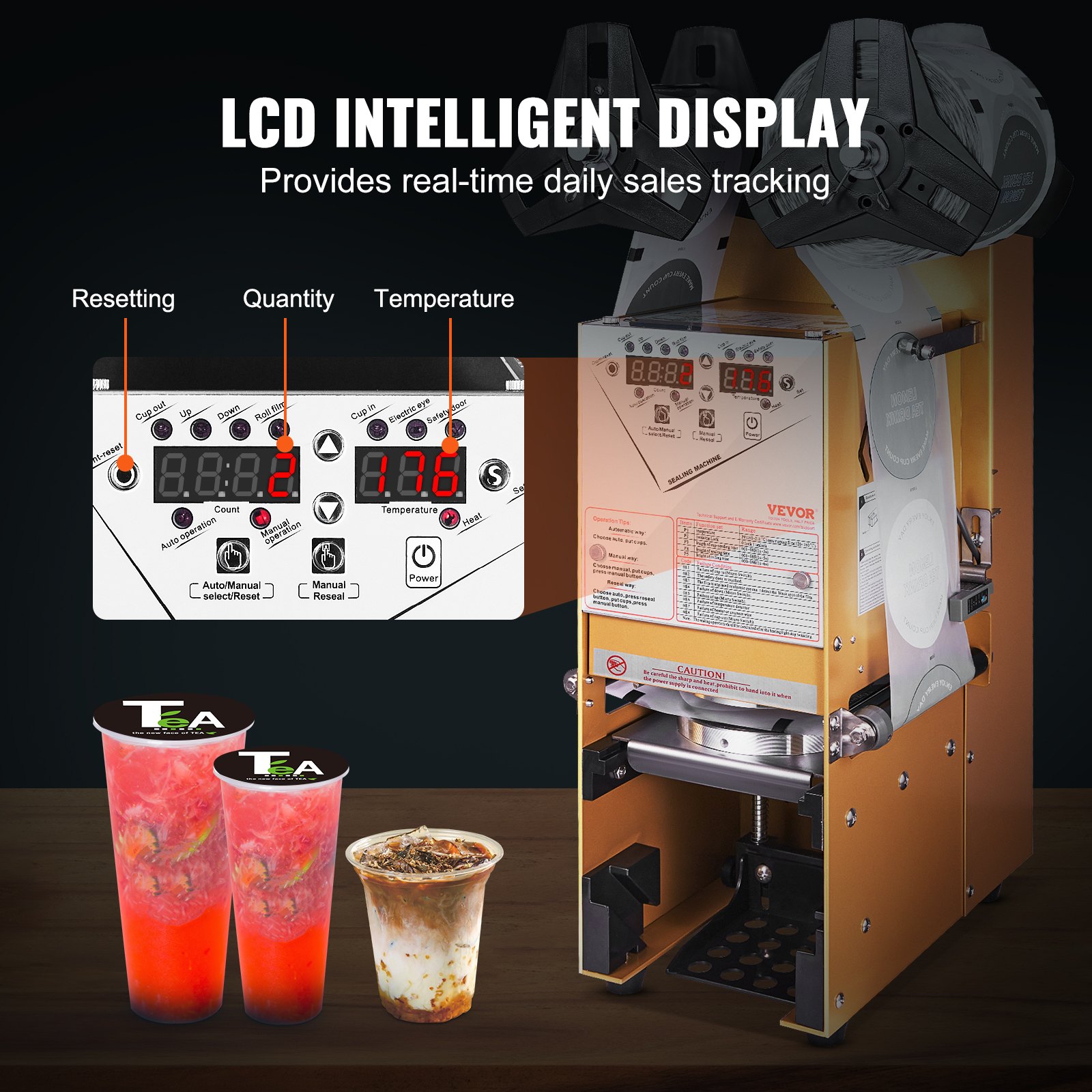 VEVOR sluitmachine, 500-650 kopjes/uur, sapbekersealer voor 180 mm hoge en 90/95 mm grote kopjes, elektrische Boba-theesealer met digitale LCD-bediening voor bubbelmelkthee, koffie, goud