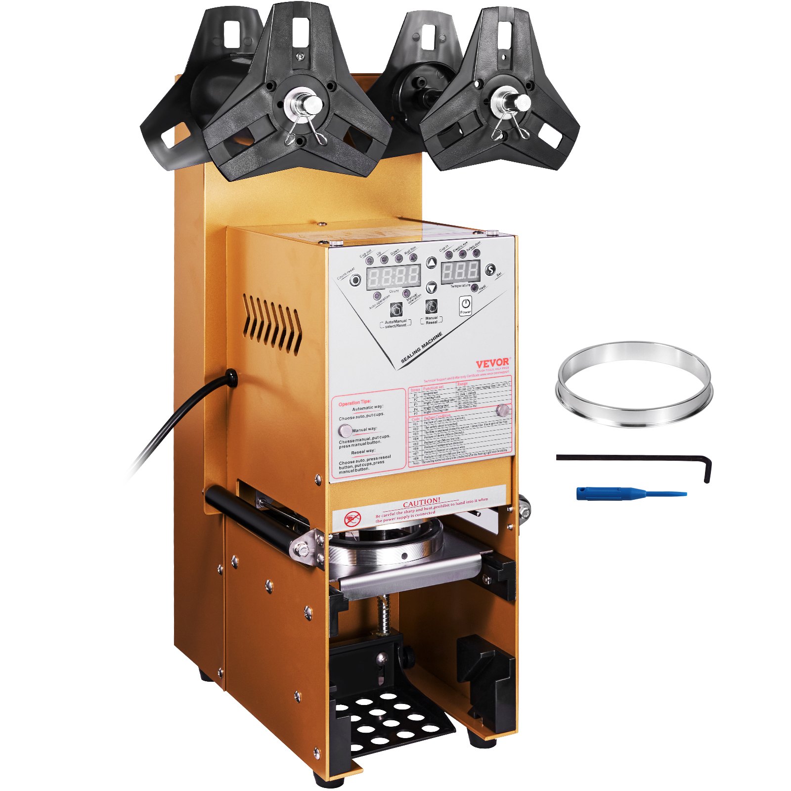 VEVOR sluitmachine, 500-650 kopjes/uur, sapbekersealer voor 180 mm hoge en 90/95 mm grote kopjes, elektrische Boba-theesealer met digitale LCD-bediening voor bubbelmelkthee, koffie, goud