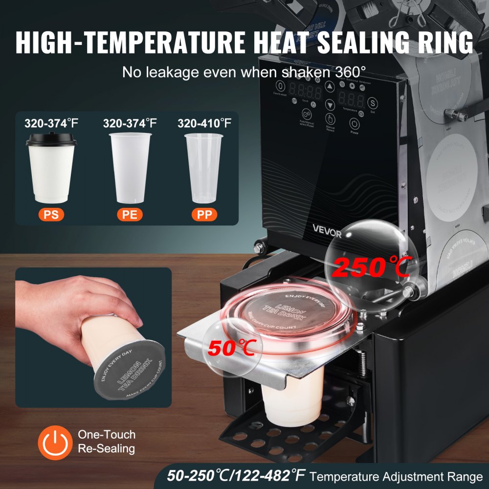 VEVOR Fully Automatic Cup Sealing Machine, 500-650 Cups/H, Cup Sealer Machine for 190 mm Tall & 90/95 mm Cup, Electric Boba Tea Sealer with Digital Control LCD Panel for Bubble Milk Tea Coffee, Black