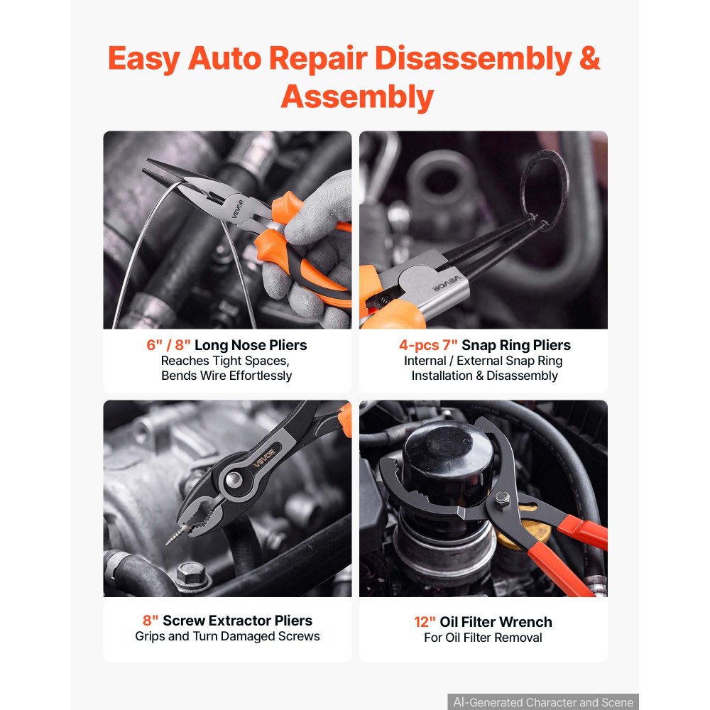 VEVOR 20-delige tangenset, handgereedschap met gepolijste koolstofstalen bekken, voor doe-het-zelf en huishoudelijk gebruik: punttang, vergrendeltang, zijsnijtang, groeftang, borgringtang, combinatietang, opbergstandaard