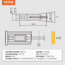 VEVOR 13-delige precisie R8-spantangset 1/8-7/8" (3,2-22,2 mm) 45 # gelegeerd staal spantang 30 μm TIR voor freesmachines, boren, boren, bewerkingscentra