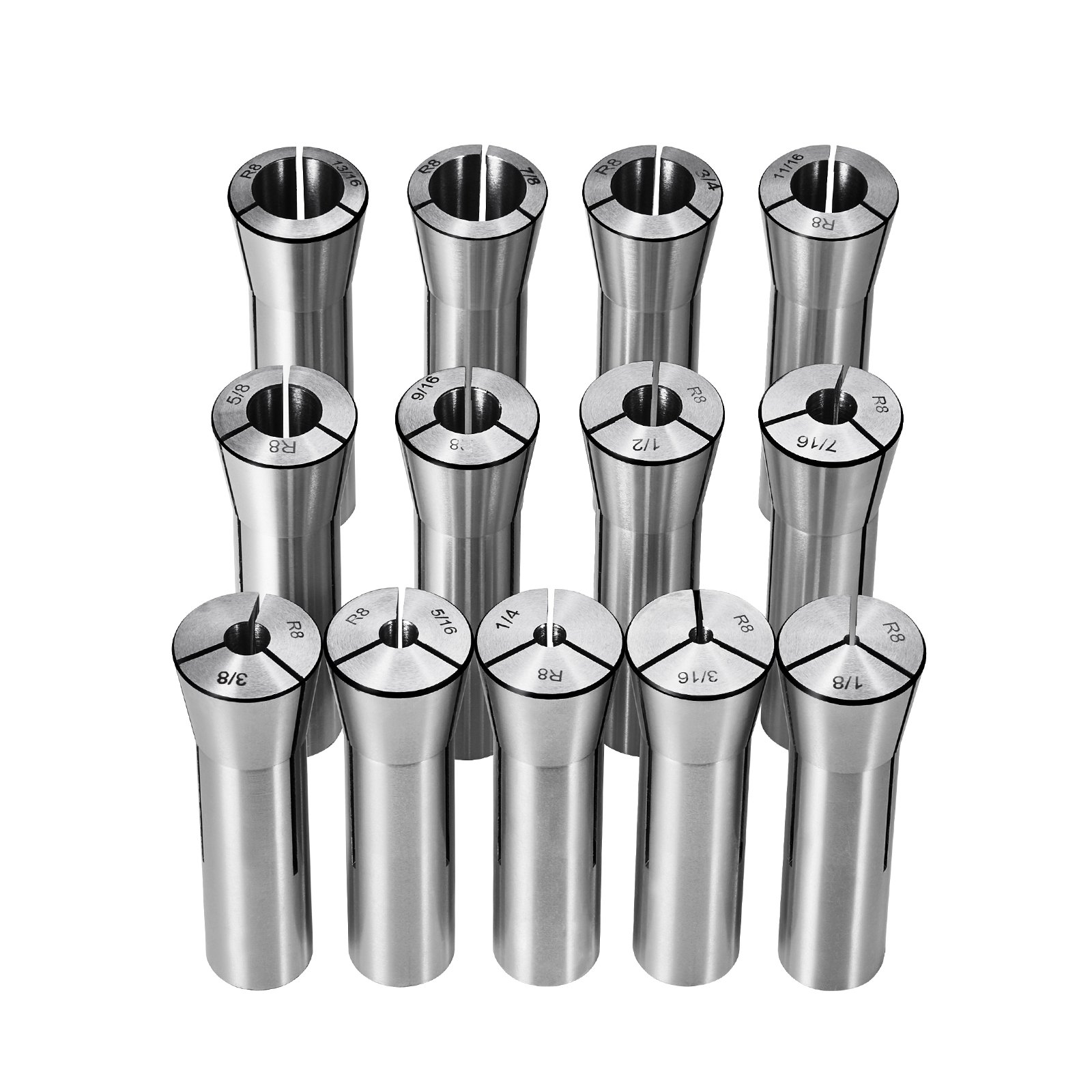 VEVOR 13 pcs Precision R8 Collet Set, 1/8'' - 7/8'', 45# Mill Collet Chuck 0.0012"/30μm TIR with 13 Labeled Storage Boxes, for Milling Machine Drill Presses Boring Machine Machining Center
