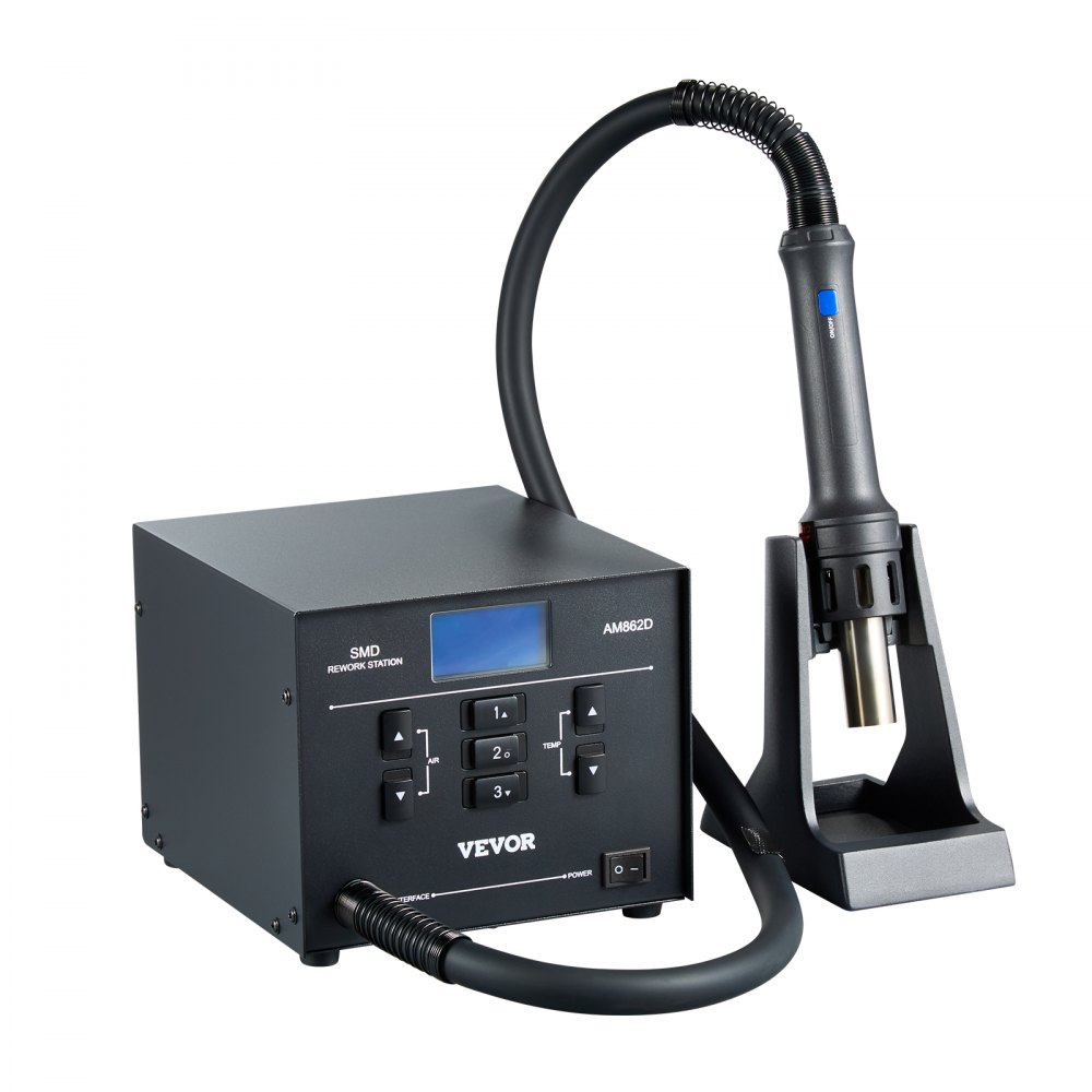 VEVOR Heteluchtstation, 1000W, 100-480℃ Heteluchtpistool met 99-standen instelbare luchtstroom, 3 vooraf ingestelde kanalen en 3 heteluchtmondstukken voor het demonteren van chips en het repareren van elektronica