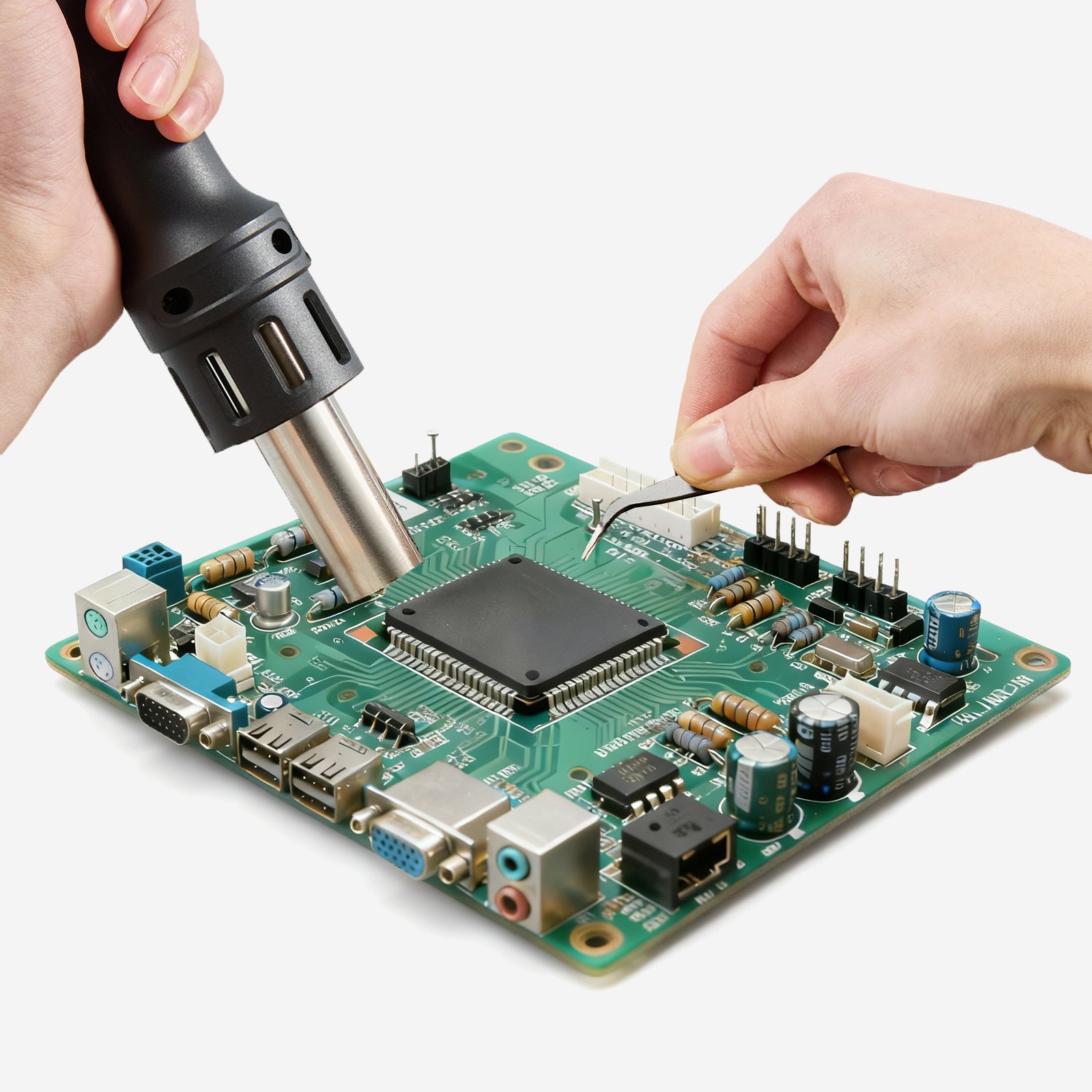 VEVOR Heteluchtstation, 1000W, 100-480℃ Heteluchtpistool met 99-standen instelbare luchtstroom, 3 vooraf ingestelde kanalen en 3 heteluchtmondstukken voor het demonteren van chips en het repareren van elektronica