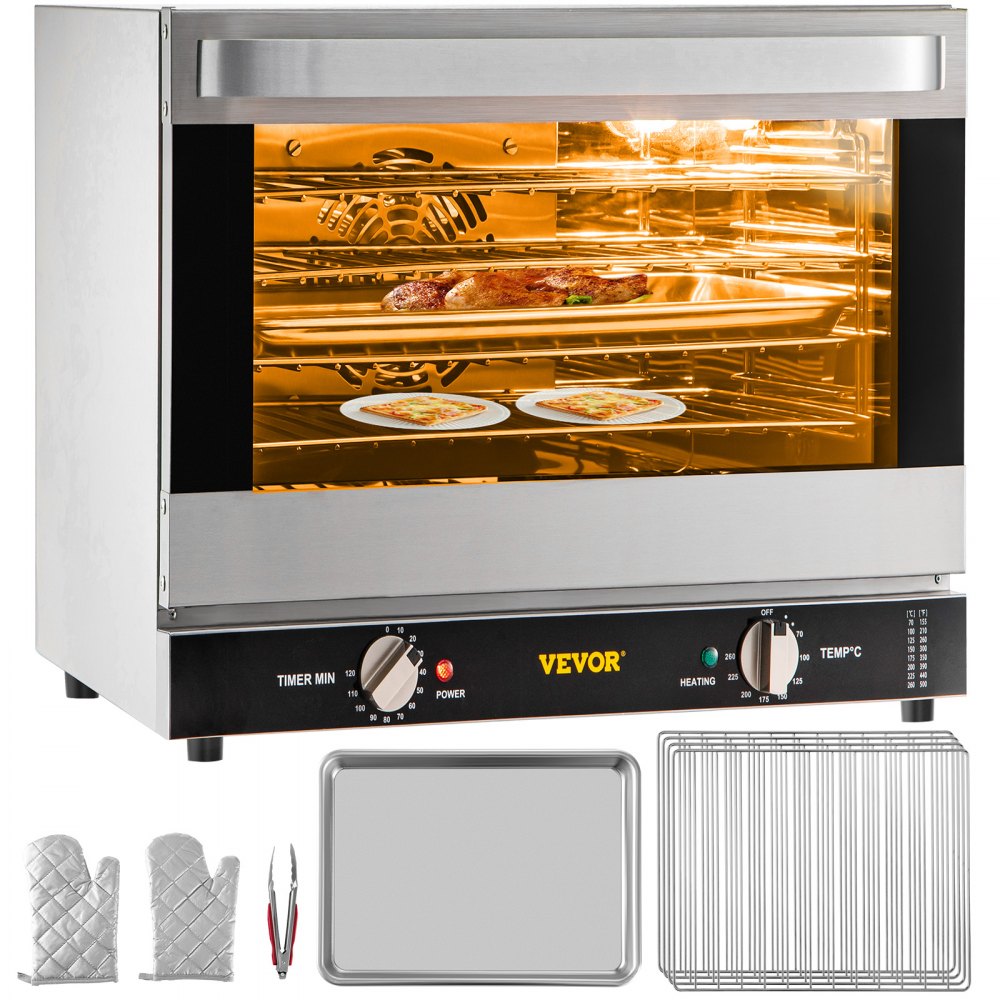 VEVOR Commercial Convection Oven, 66L/60Qt, Half-Size Conventional Oven Countertop, 1800W 4-Tier Toaster with Front Glass Door, Electric Baking Oven with Trays Wire Racks Clip Gloves, 220V, ETL Listed