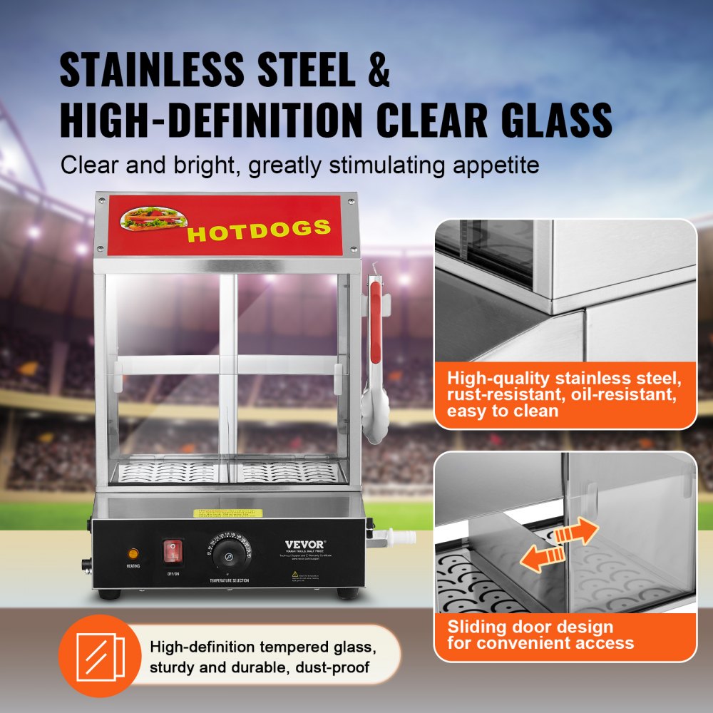 VEVOR Hot Dog Steamer, 27L, 2-Tier Hot Dog Hut Steamer, 30℃~85℃ Temperature Control, Electric Bun Warmer with Tempered Glass Slide Doors Partition Plate Tong, Stainless Steel, for Hot Dogs & Buns