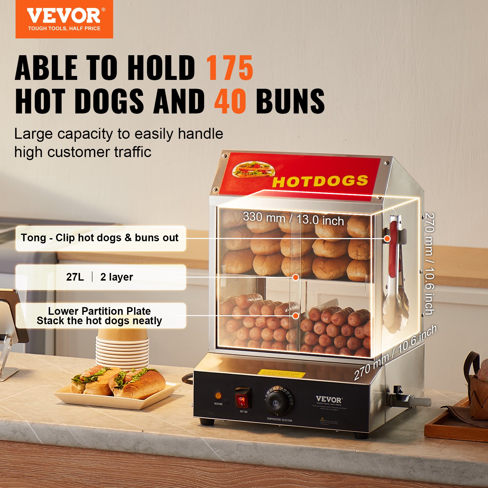 VEVOR Hot Dog Steamer, 27L, 2-Tier Hot Dog Hut Steamer, 30℃~85℃ Temperature Control, Electric Bun Warmer with Tempered Glass Slide Doors Partition Plate Tong, Stainless Steel, for Hot Dogs & Buns