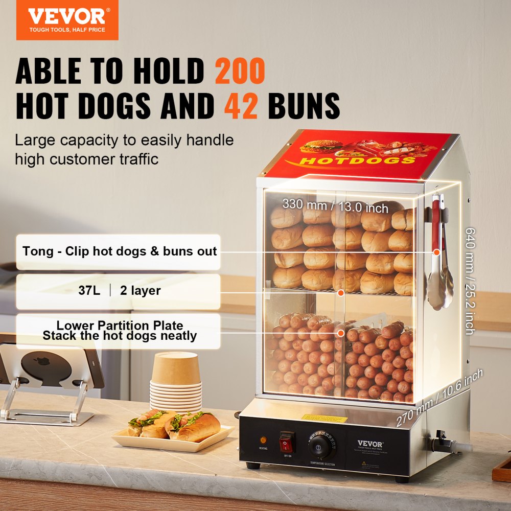 VEVOR Hotdogstomer, 37 liter, 2-laags hotdogstomer, 30℃~85℃, elektrische broodjeswarmer met schuifdeuren van gehard glas, verdeelplaattang, voor hotdogs en broodjes