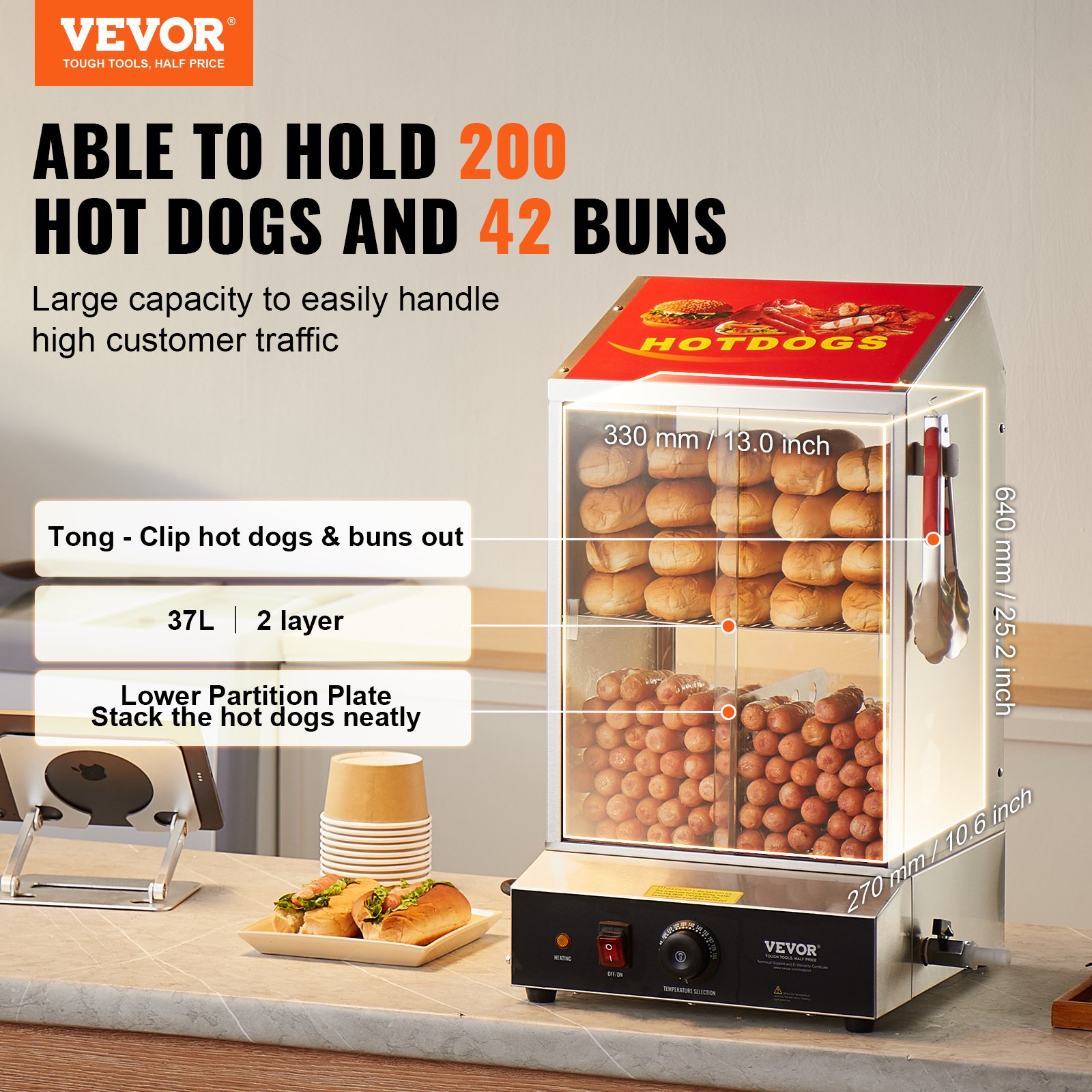 VEVOR Hotdogstomer, 37L, 2-laags hotdoghutstomer, temperatuurregeling van 30℃ tot 85℃, elektrische broodjeswarmer met schuifdeuren van gehard glas, verdeelplaattang, roestvrij staal, voor hotdogs en broodjes