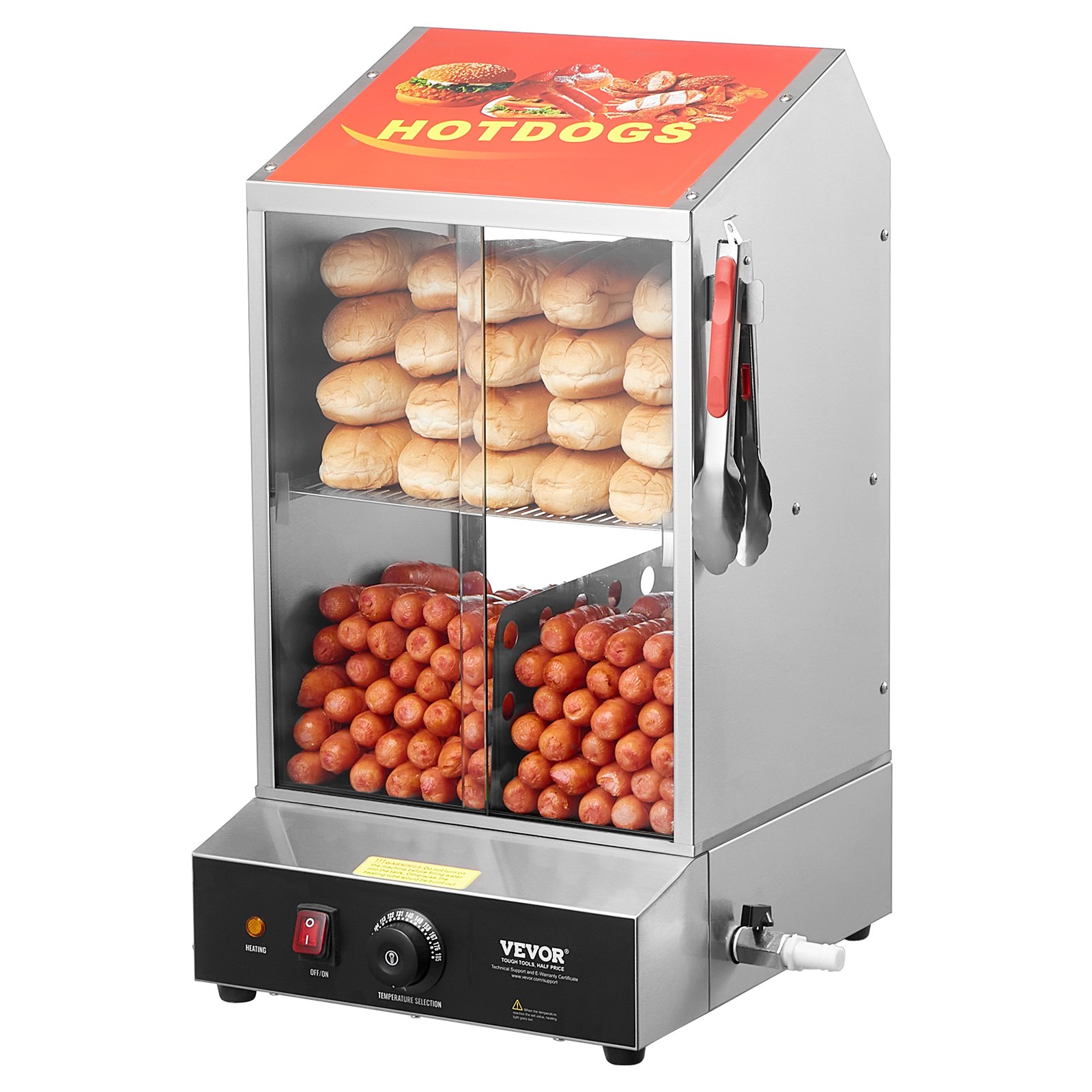 VEVOR Hotdogstomer, 37L, 2-laags hotdoghutstomer, temperatuurregeling van 30℃ tot 85℃, elektrische broodjeswarmer met schuifdeuren van gehard glas, verdeelplaattang, roestvrij staal, voor hotdogs en broodjes