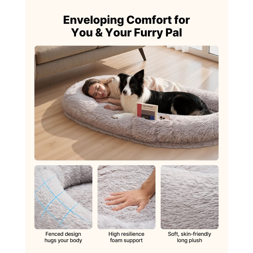 VEVOR Human Dog Bed, 67.32 x 39.37 x 9.4 inch Orthopedic Memory Foam Human Sized Dog Bed, Humans Pet Beds with Side Pocket, Handle & Zipper, Removable Machine-Washable Dogs Beds for Humans, Gray